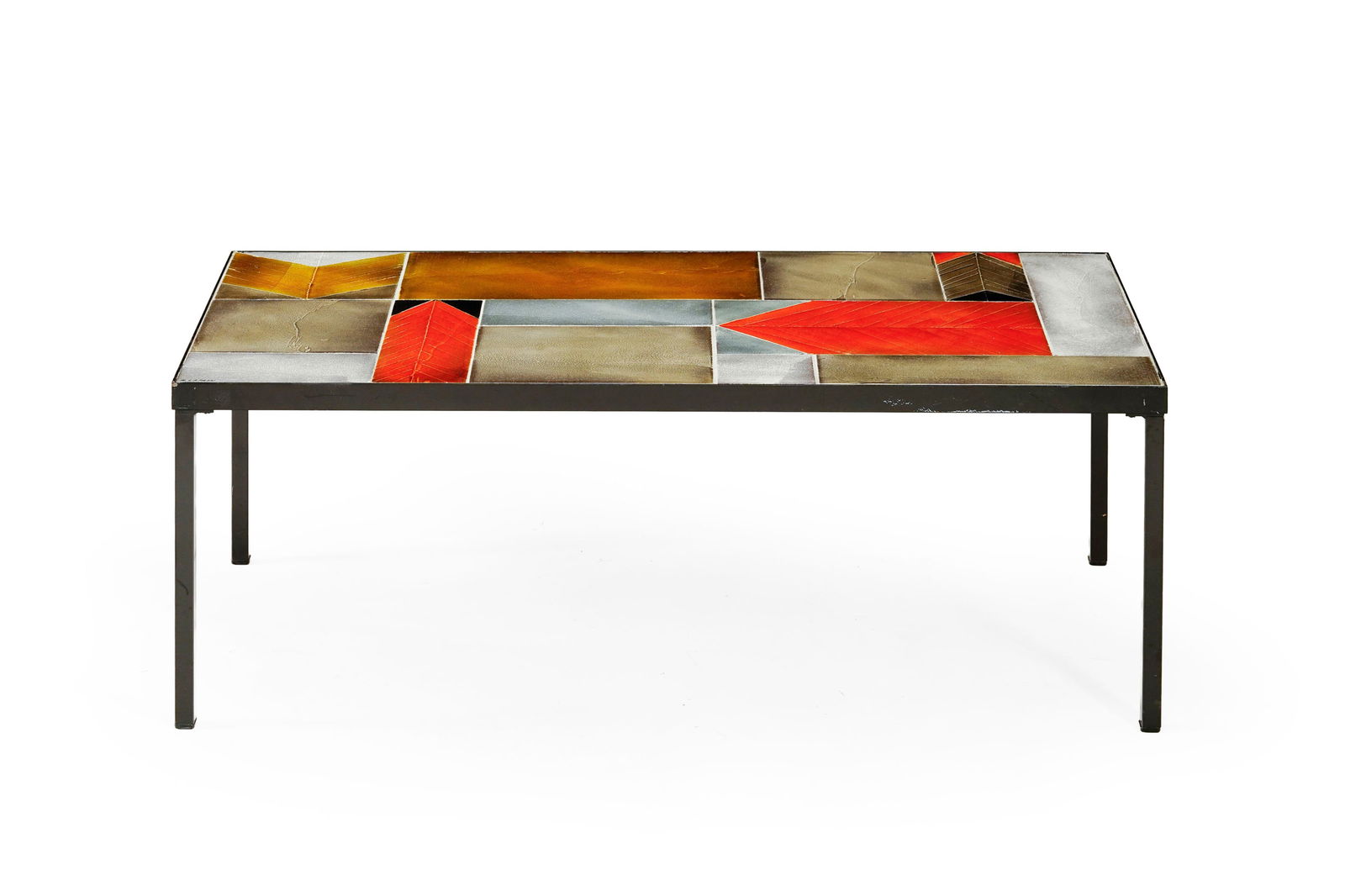 Table basse par Roger Capron (1922-2006), structure en métal noirci, plateau formé de carr (1 of 3)