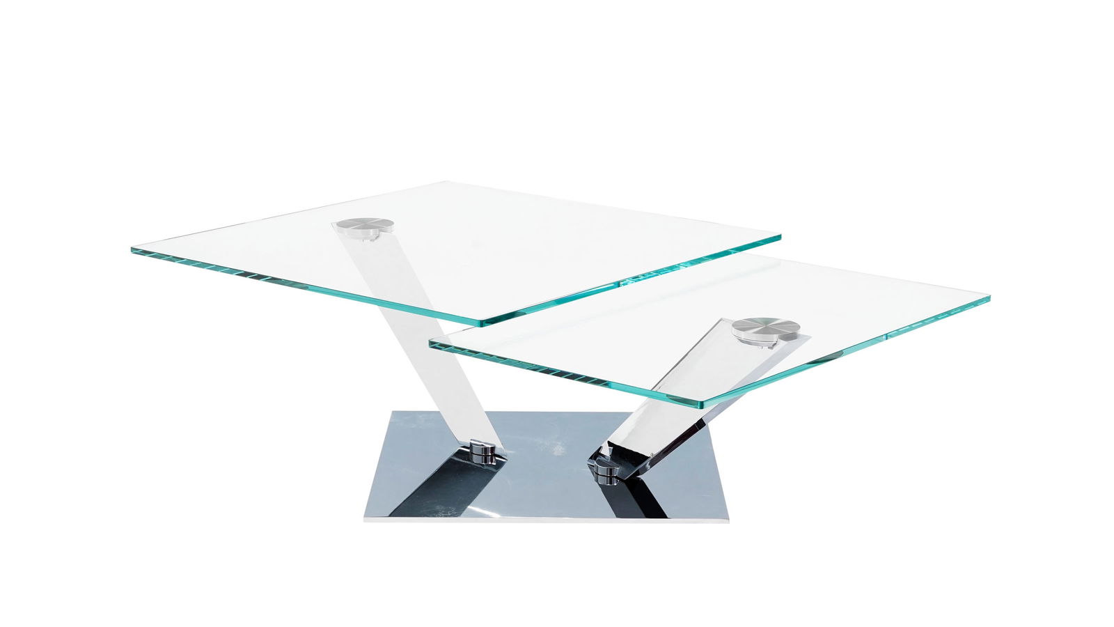 Table basse Calypso, XXIe s., en acier chromé et verres, plateaux tournants synchronisés e: Table basse Calypso, XXIe s., en acier chromé et verres, plateaux tournants synchronisés et extensibles, dimensions du plateau principal: 36x85x85 cm, dimensions du second plateau: 52x85