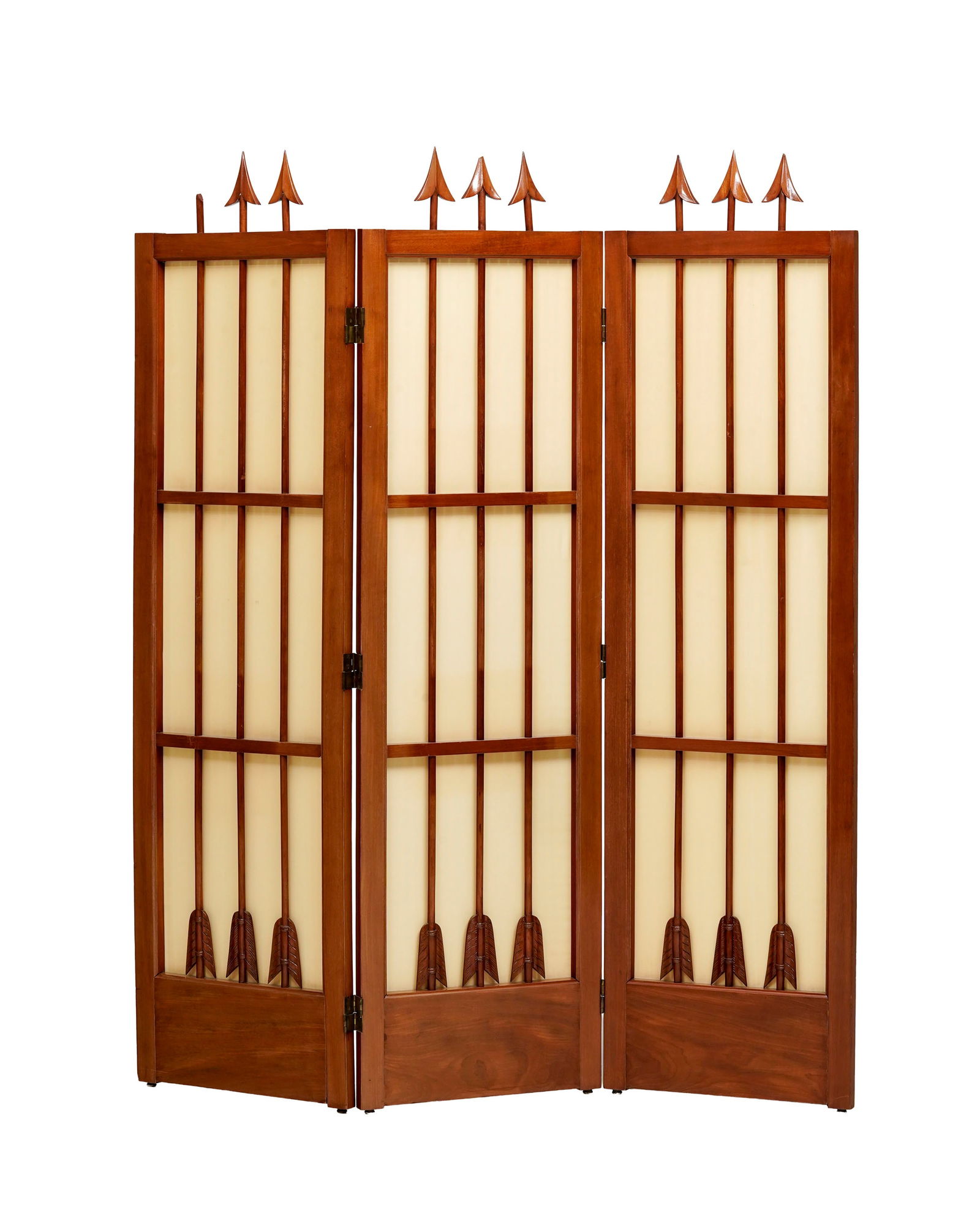 Paravent, XXe s., en acajou et placage d'acajou, lés à barreaux simulant des flèches  (1 of 3)