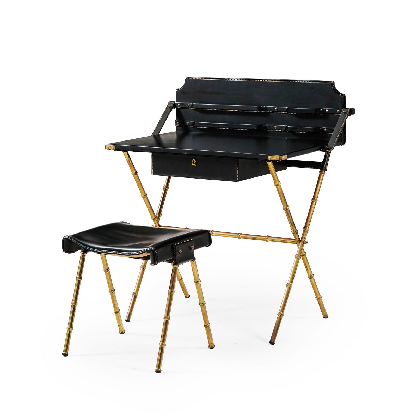 Bureau et son tabouret attribués à Jacques Adnet (1900-1984), en laiton à l'imitation (1 of 3)