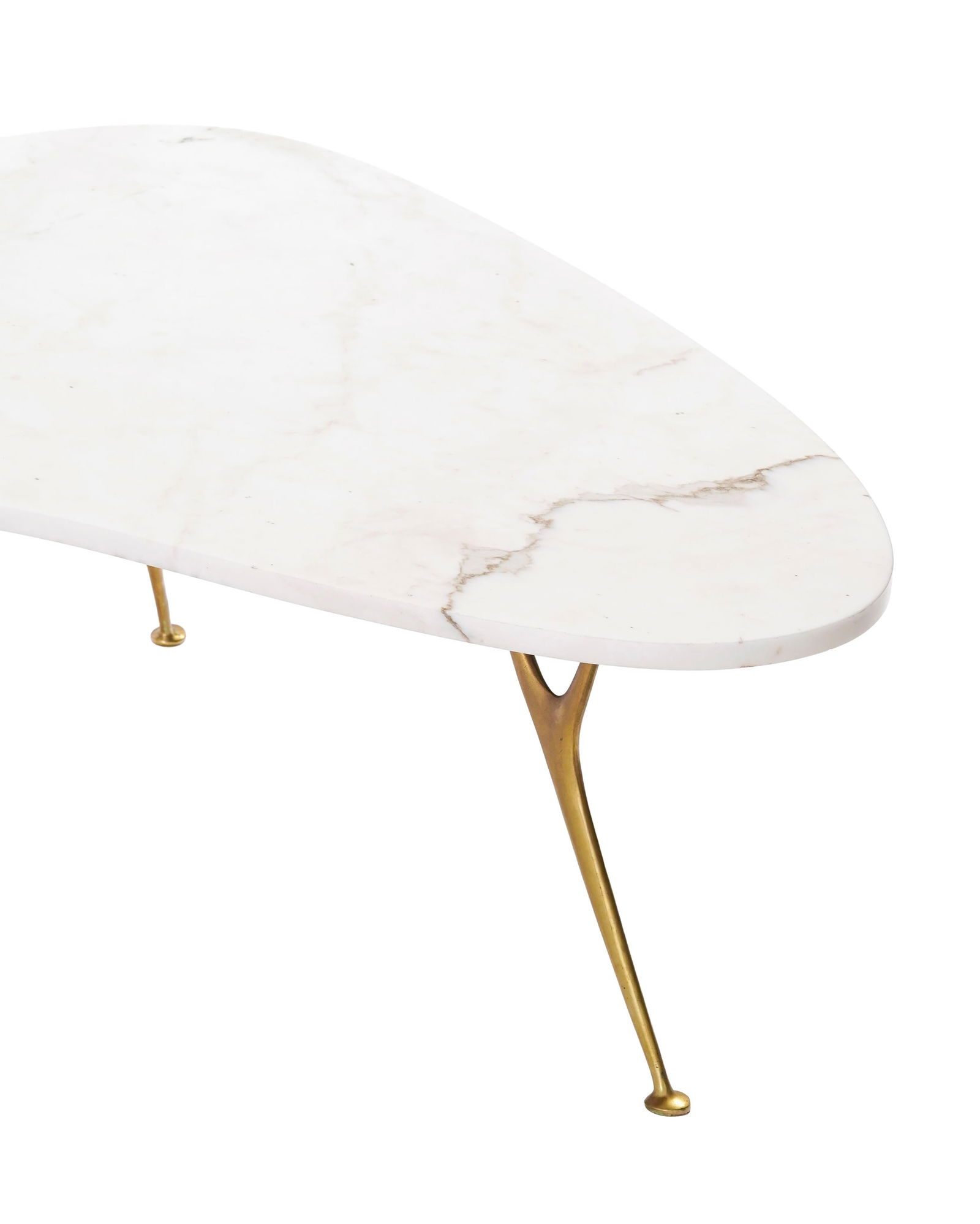 Table basse, XXe s., plateau en marbre blanc de forme mouvementée reposant sur trois pieds en m - 3