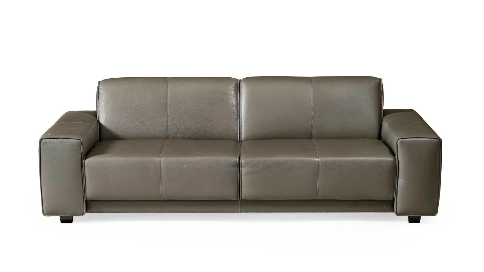 Canapé deux places, XXIe s., à garniture en cuir gris, long. 230 cm: Canapé deux places, XXIe s., à garniture en cuir gris, long. 230 cm 