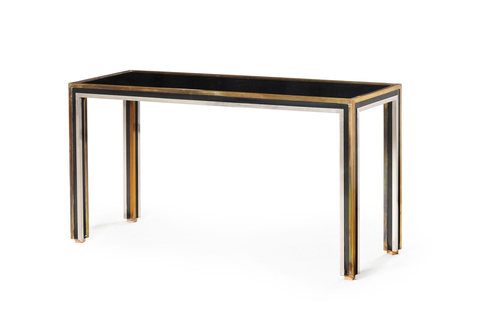 Console dans le goût de Willy Rizzo, circa 1970, structure rectangulaire en laiton et méta (1 of 2)