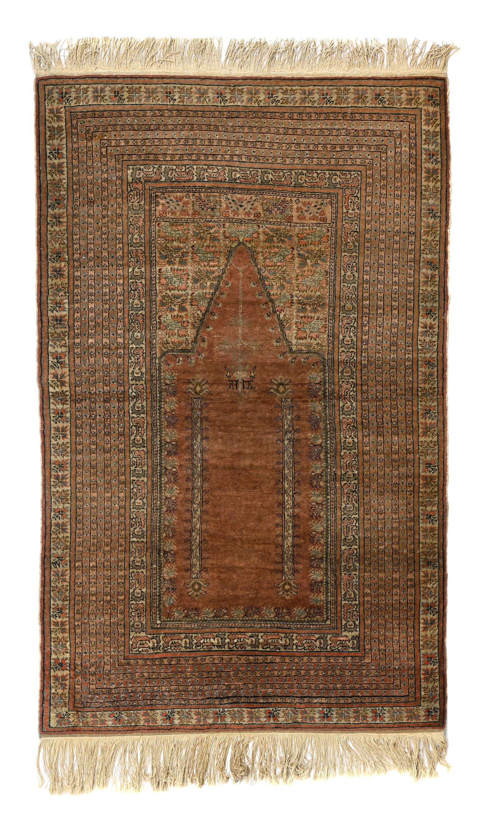 Tapis de prière Panderma en soie, Turquie, milieu du XXe s., orné d'un mihrab à fond  (1 of 1)