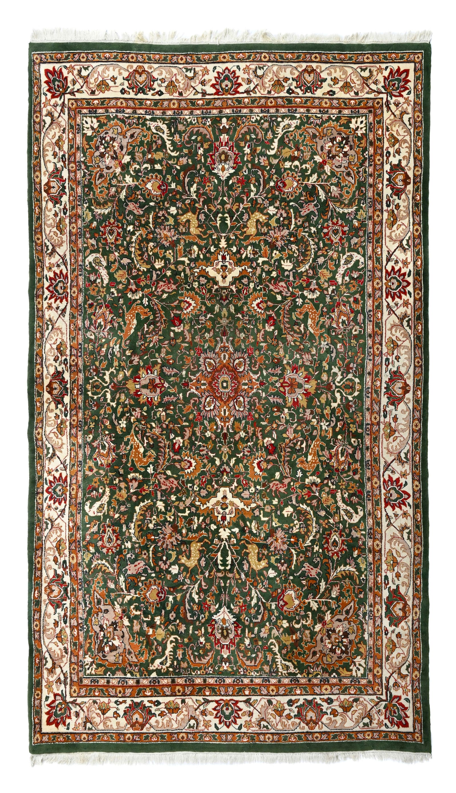 Tapis Inde, 2ème moitié du XXe s., à petit médaillon central sur fond vert riche (1 of 1)