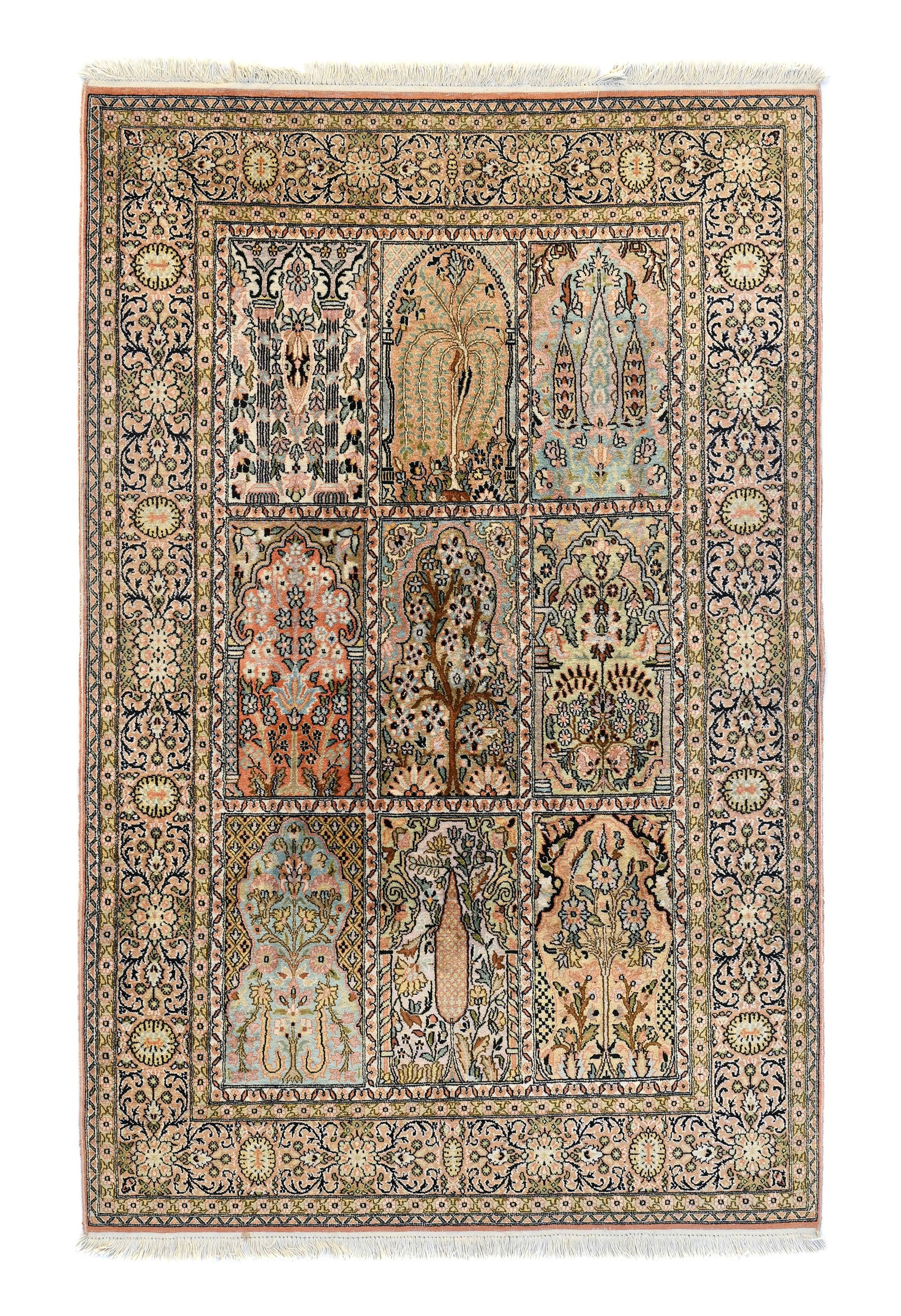 Tapis en soie, Cachemire, fin du XXe s., à motifs de jardin inscrits dans des cases polychromes (1 of 1)