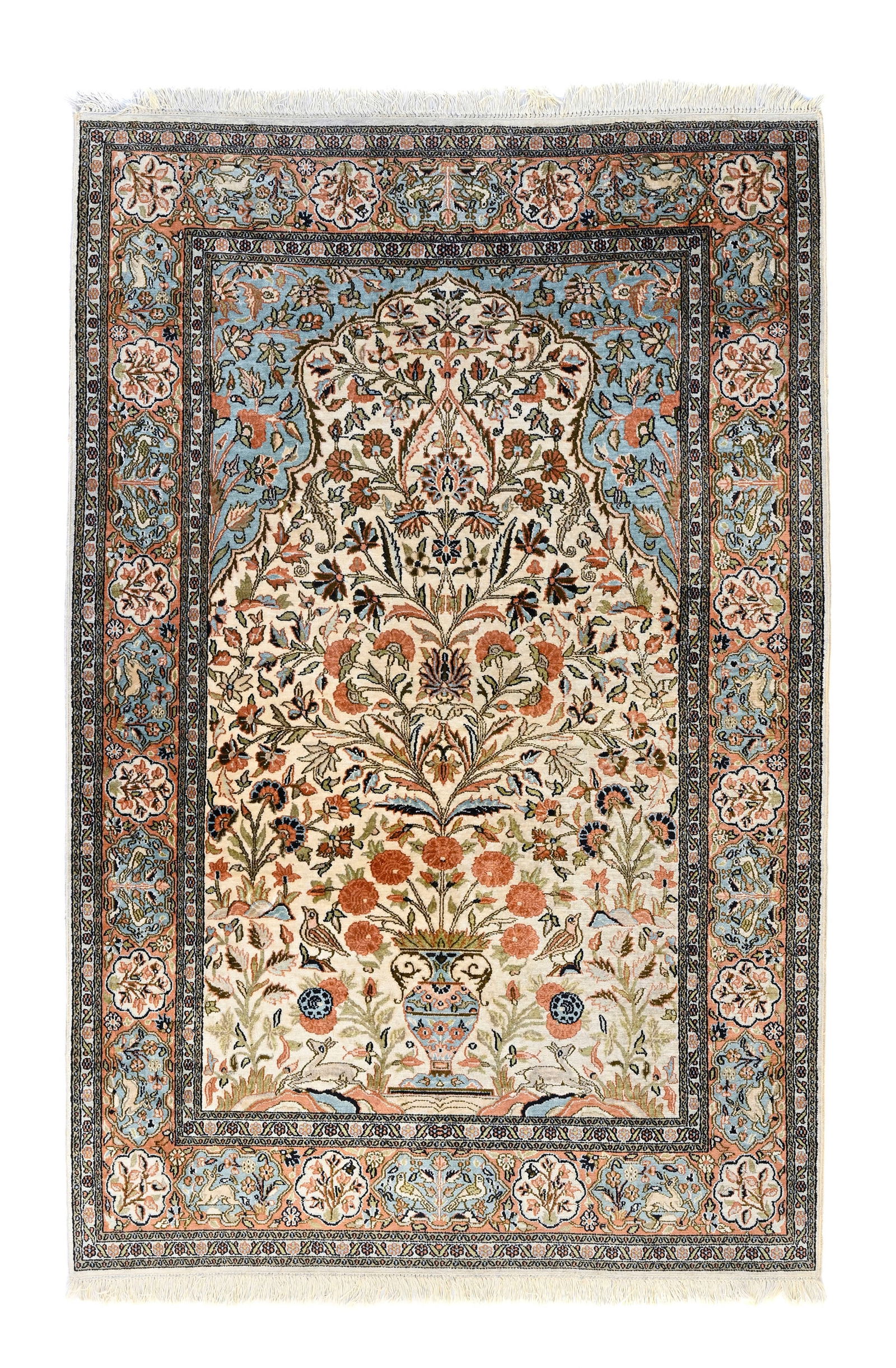 Tapis de prière en soie, Cachemire, fin du XXe s., à décor d'un vase fleuri inscrit d (1 of 1)