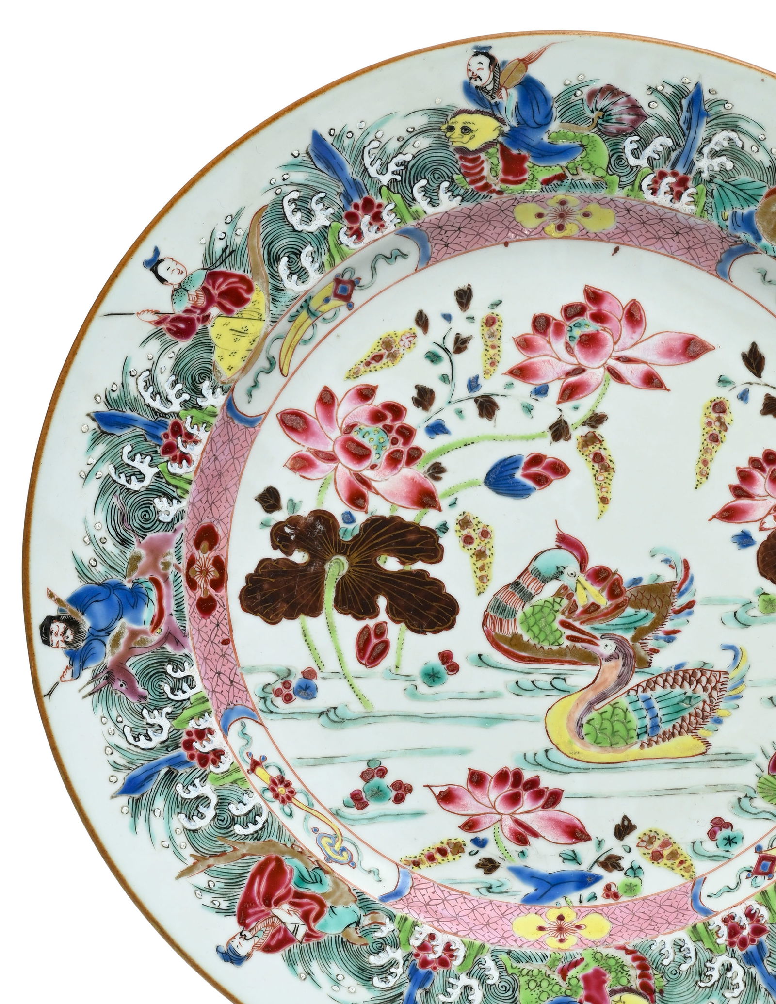 Plat en porcelaine famille rose, Chine, XVIIIe s., centre orné de canards mandarins parmi des l - 3