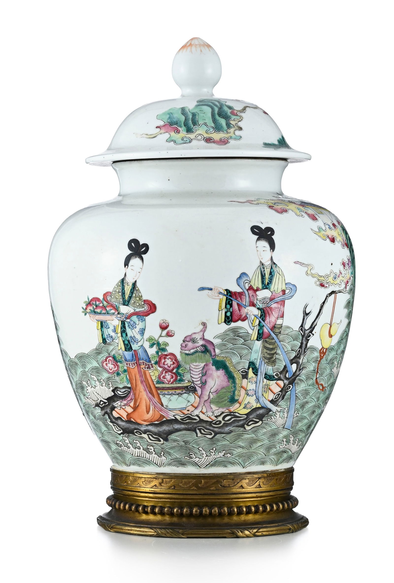 Vase couvert en porcelaine famille rose, Chine, dynastie Qing, avec monture en bronze, décor d' - 2