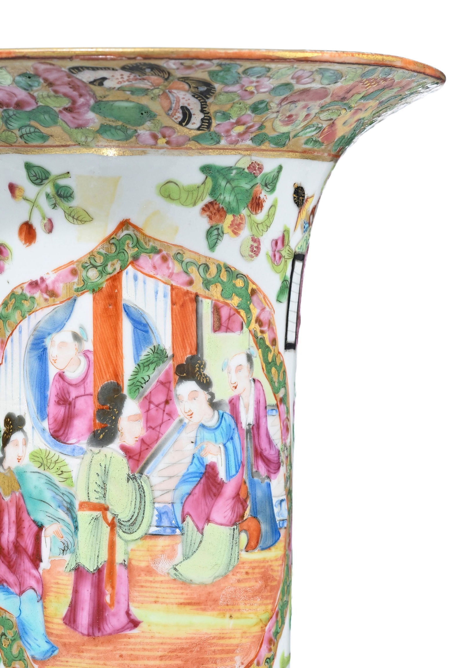 Vase cornet en porcelaine "Rose Medallion", Chine, Canton, XIX-XXe s., décor de personnages dan - 4