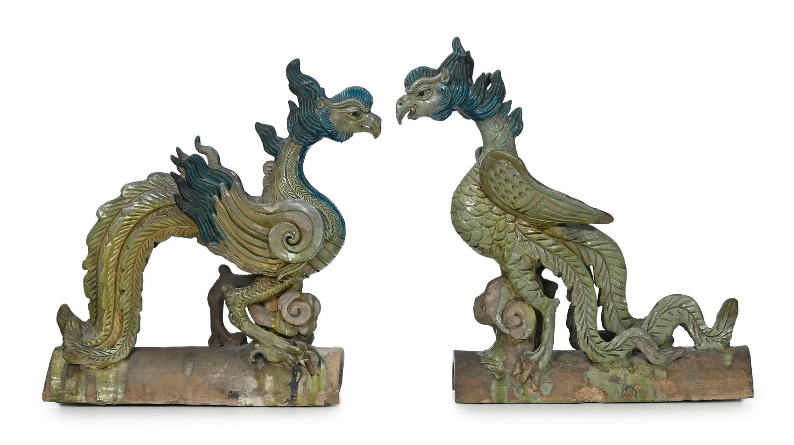 2 tuiles faîtières en céramique à glaçure verte et bleue, Chine, dynastie Q (1 of 4)