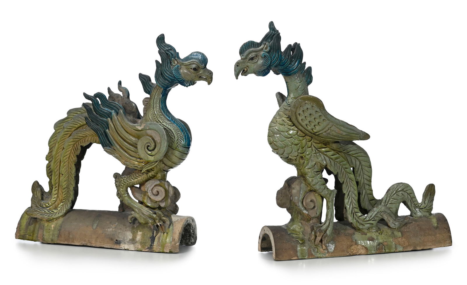 2 tuiles faîtières en céramique à glaçure verte et bleue, Chine, dynastie Q - 2