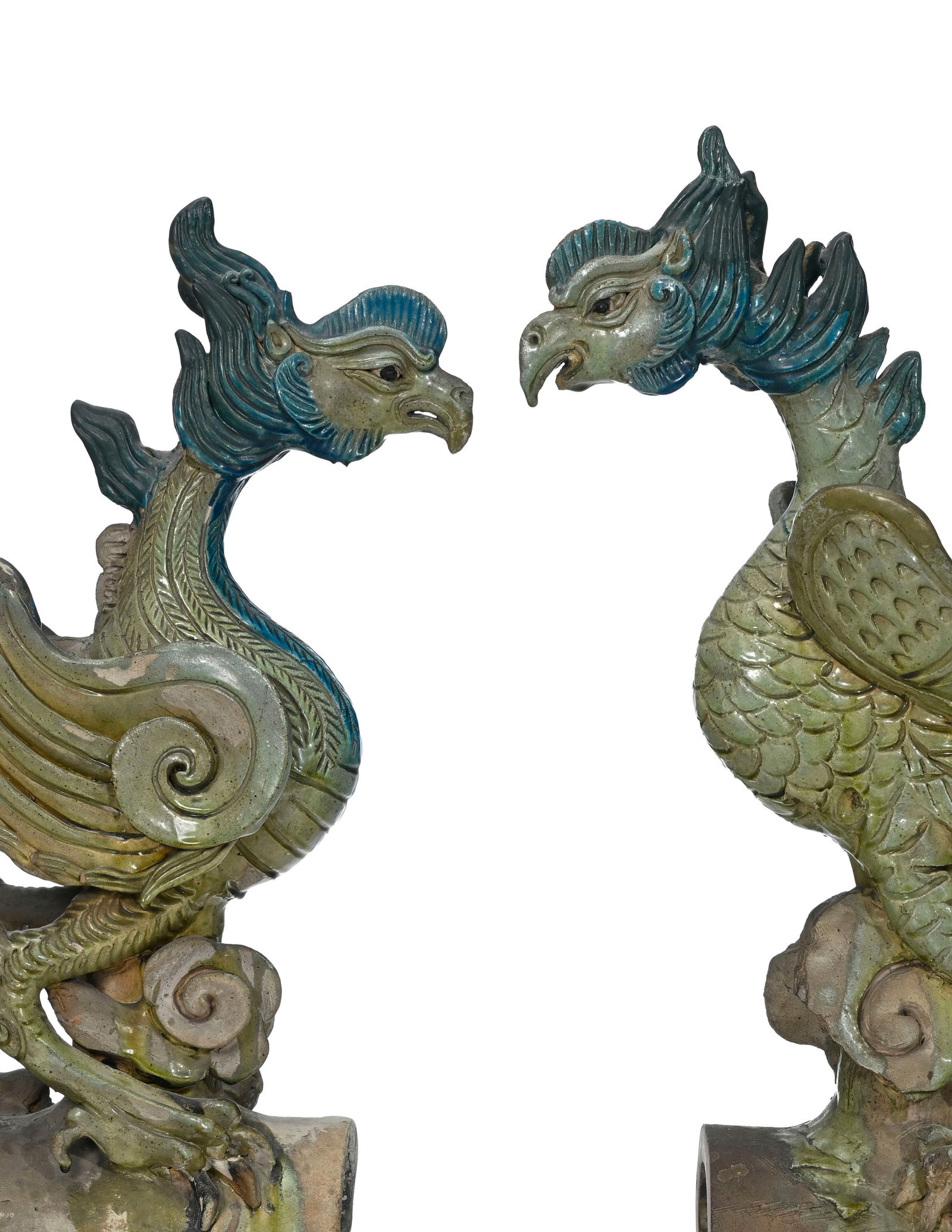 2 tuiles faîtières en céramique à glaçure verte et bleue, Chine, dynastie Q - 3