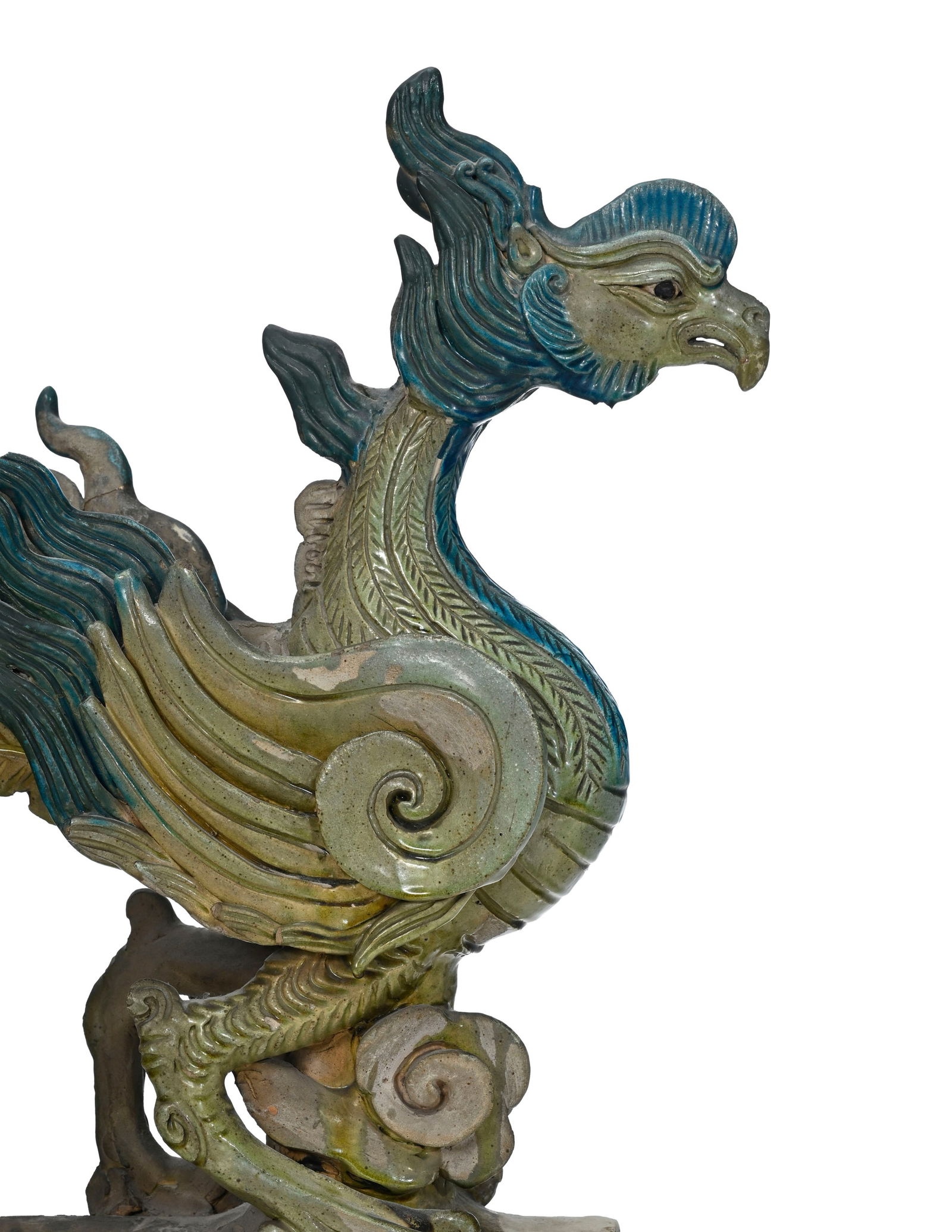 2 tuiles faîtières en céramique à glaçure verte et bleue, Chine, dynastie Q - 4