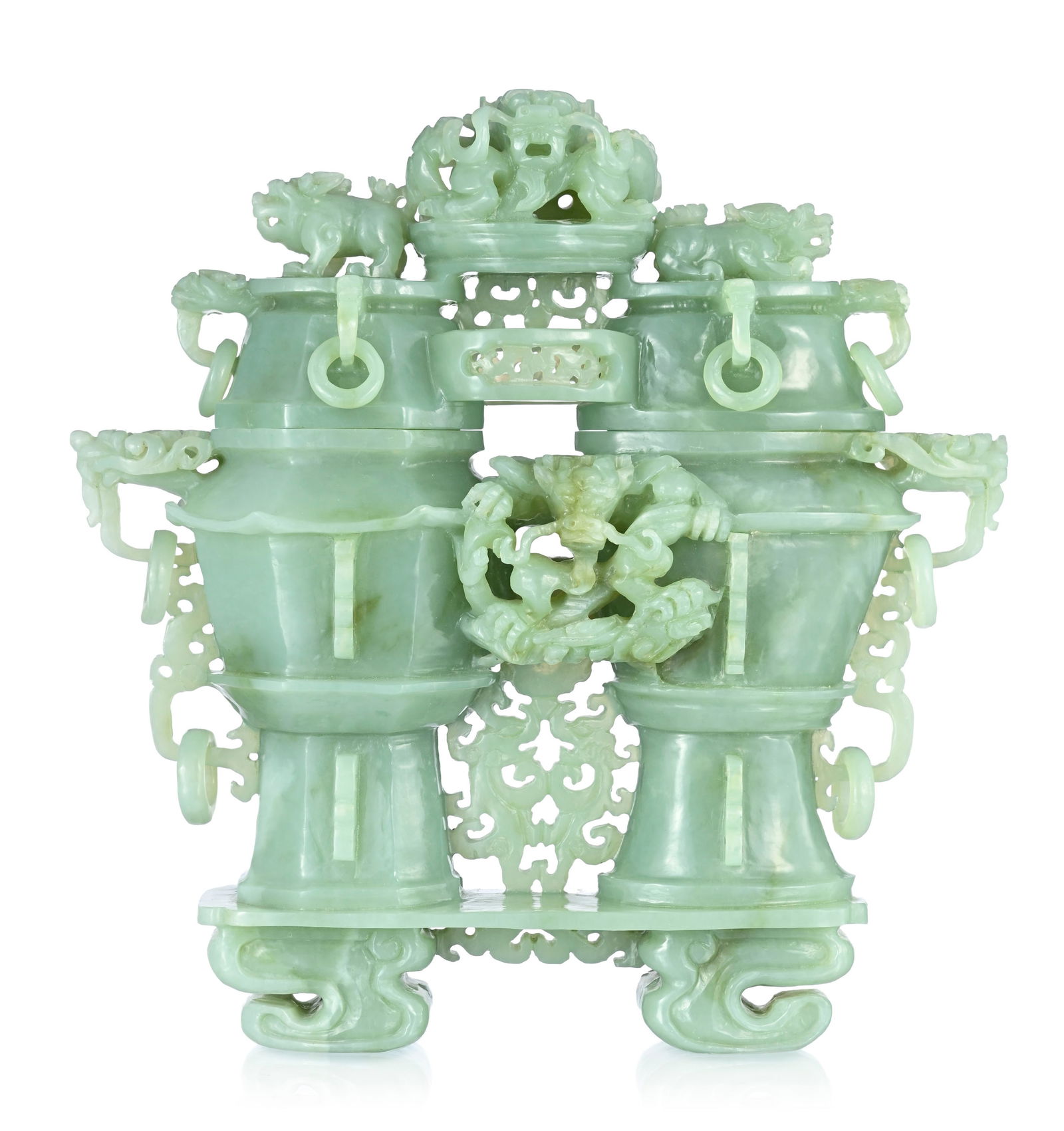 Double vase couvert en jade, Chine, décor en relief de dragons et qilin, avec caractère fu - 2