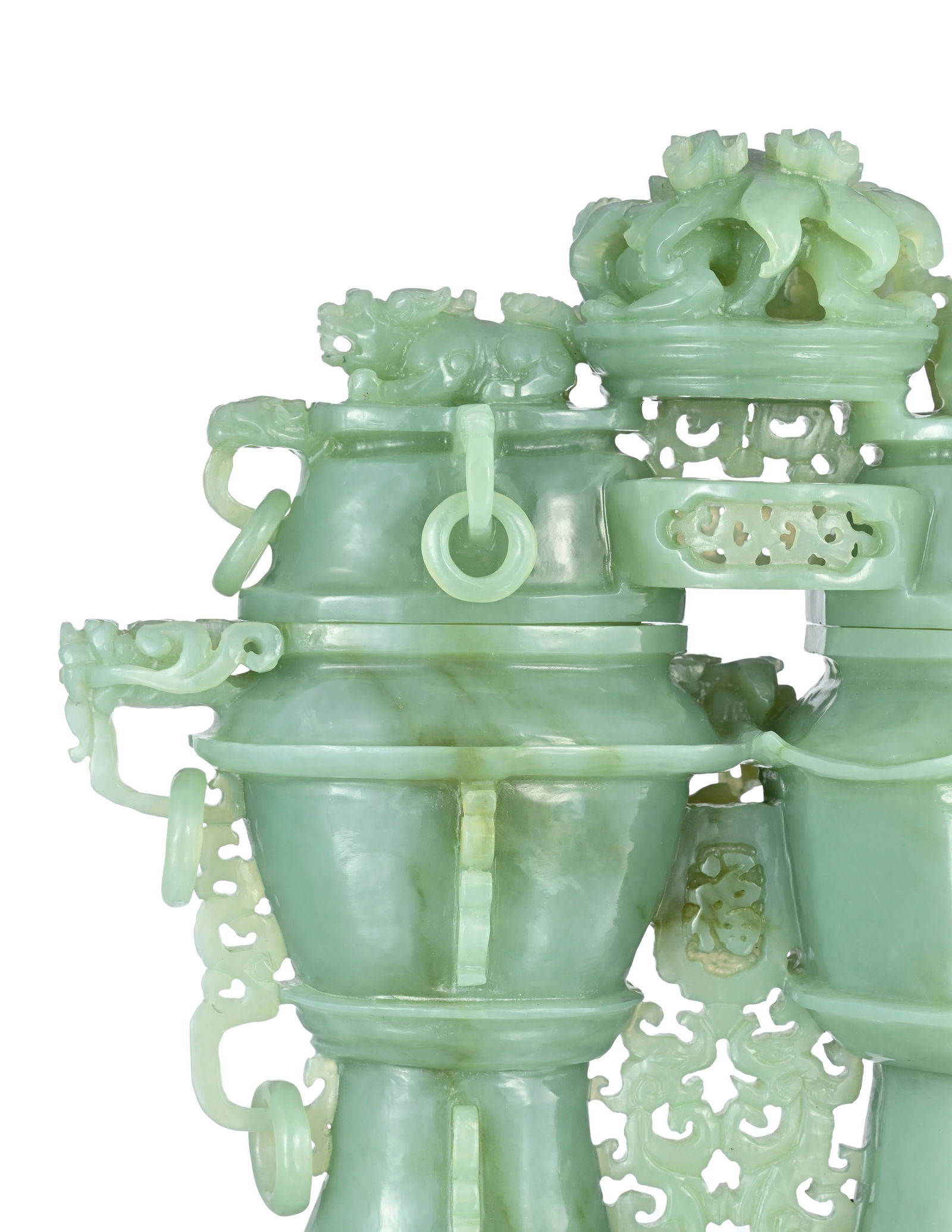 Double vase couvert en jade, Chine, décor en relief de dragons et qilin, avec caractère fu - 3
