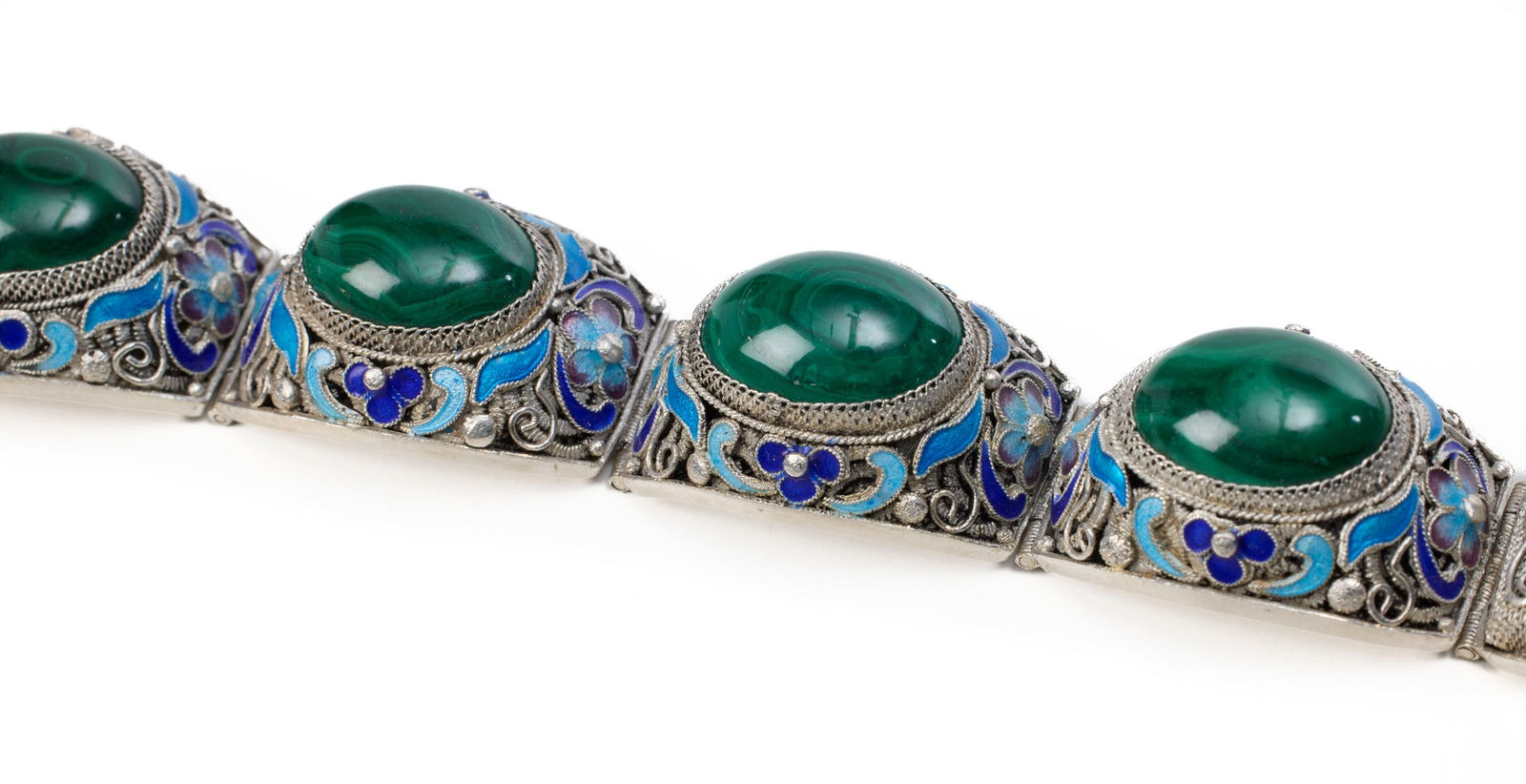 2 bracelets en argent filigrané, émail et malachite, Chine, moderne, décor de rinceau - 2