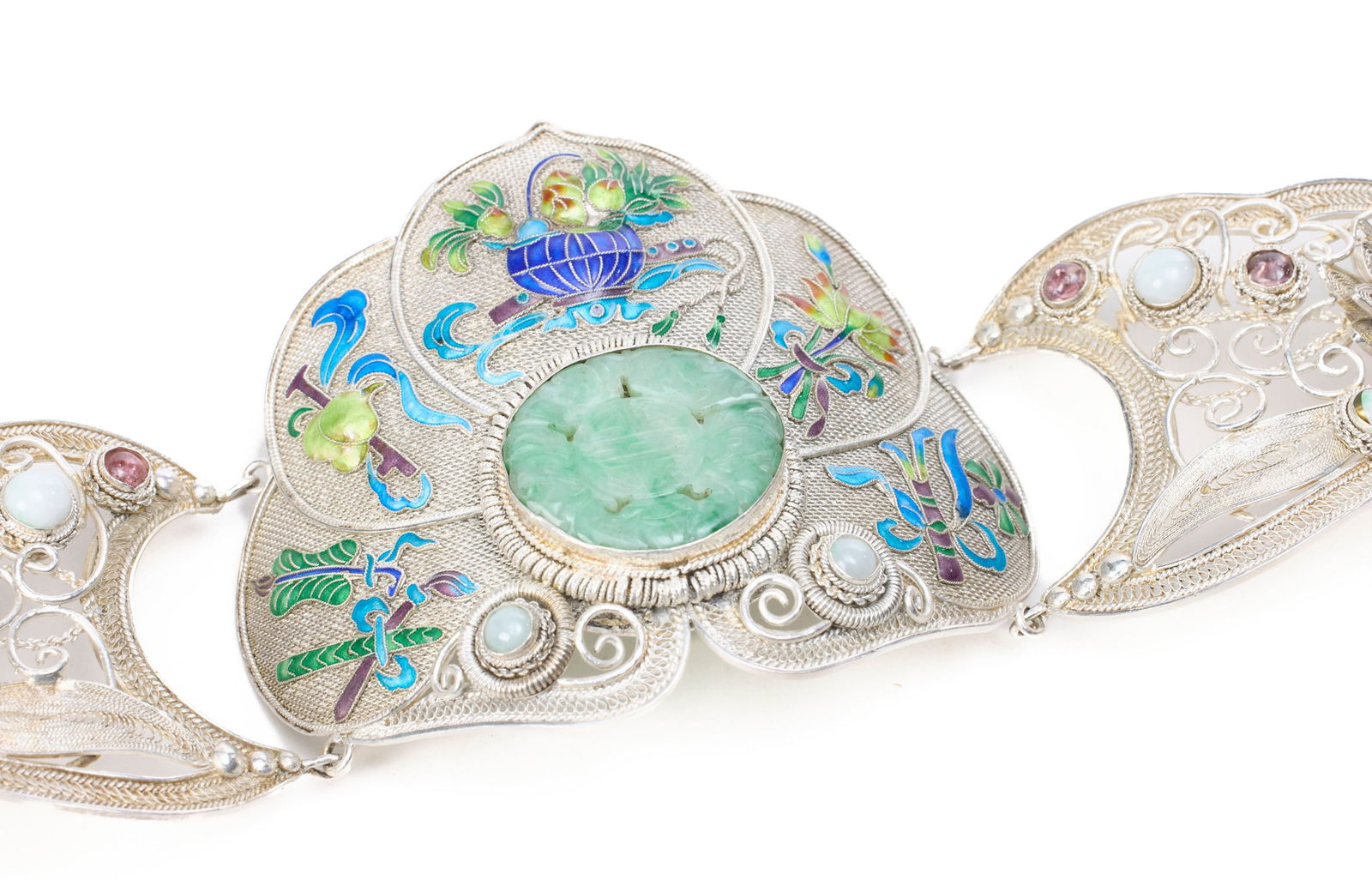 Bracelet en argent filigrané, émail et pierres dures, Chine, moderne, décor d'objets  - 2