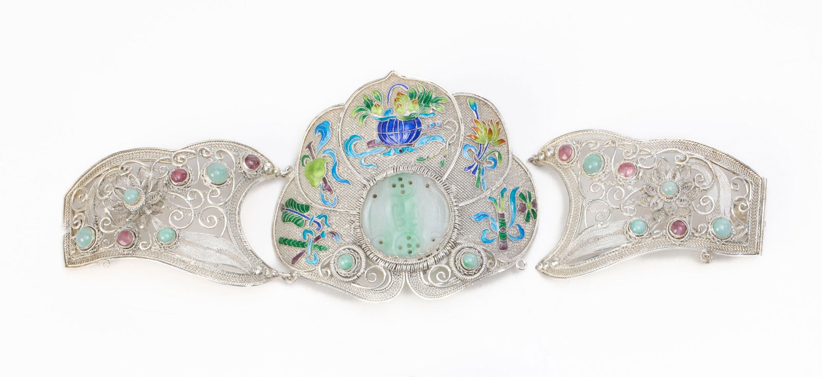 Bracelet en argent filigrané, émail et pierres dures, Chine, moderne, décor d'objets  - 3