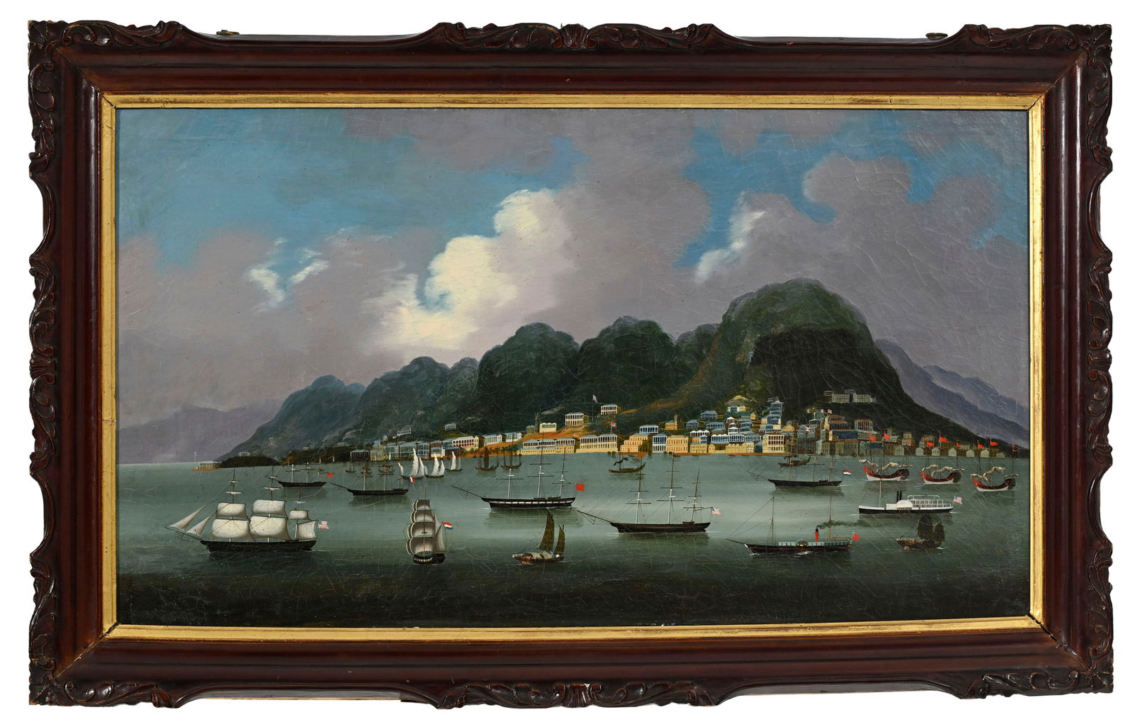 Ecole chinoise, vue du port Victoria à Hong Kong avec diverses embarcations, huile sur toile, X: Ecole chinoise, vue du port Victoria à Hong Kong avec diverses embarcations, huile sur toile, XIXe s., 42,5x76,5 cm (peinture, à vue) (dégâts, manques et restaurations) Chinese