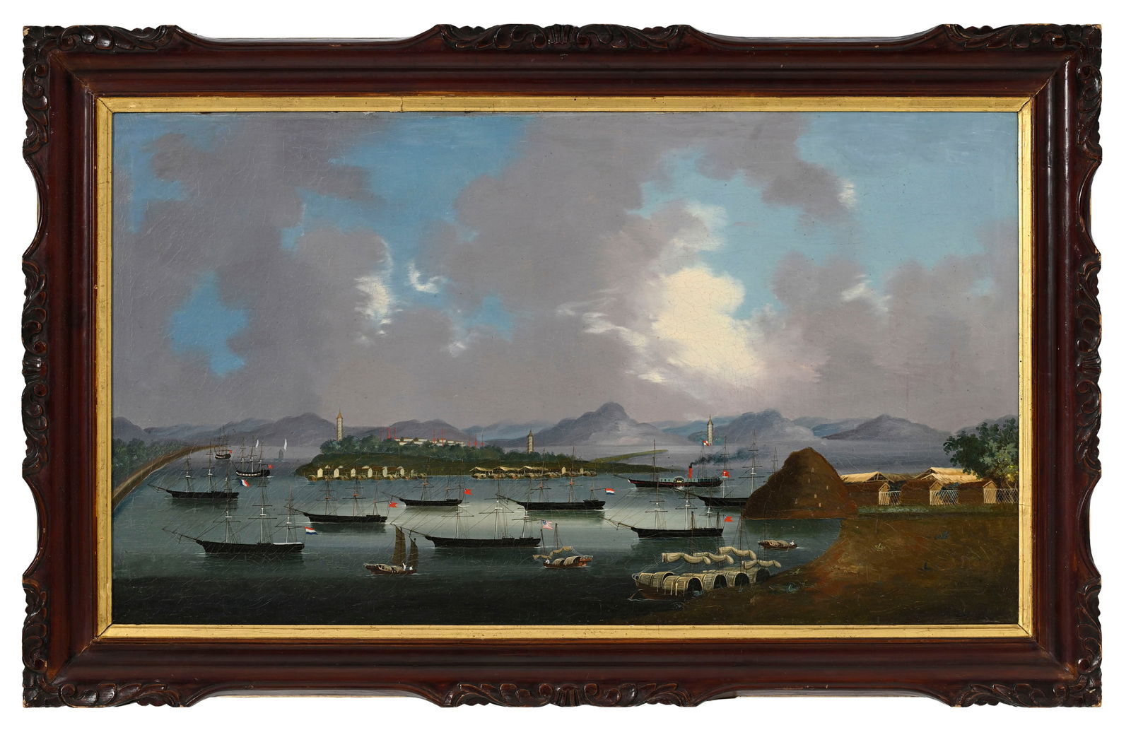 Ecole chinoise, vue de Whampoa avec diverses embarcations, huile sur toile, XIXe s., 42,5x76,5 cm (p: Ecole chinoise, vue de Whampoa avec diverses embarcations, huile sur toile, XIXe s., 42,5x76,5 cm (peinture, à vue) (dégâts, manques et restaurations) Chinese school, view of Whampoa,