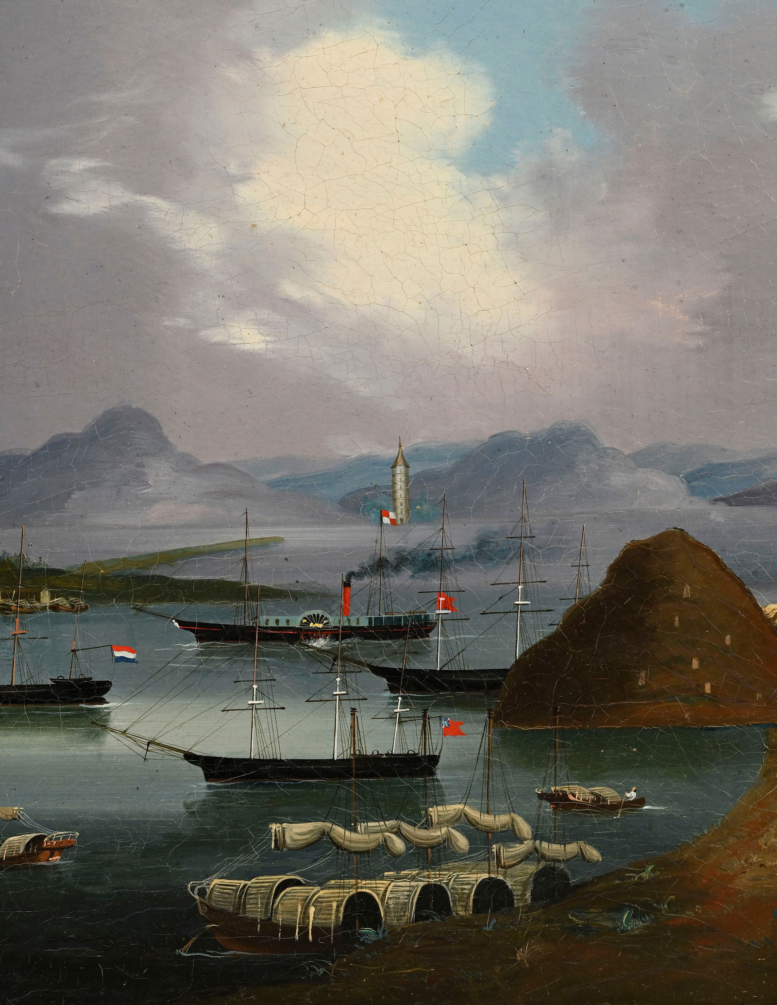 Ecole chinoise, vue de Whampoa avec diverses embarcations, huile sur toile, XIXe s., 42,5x76,5 cm (p - 3