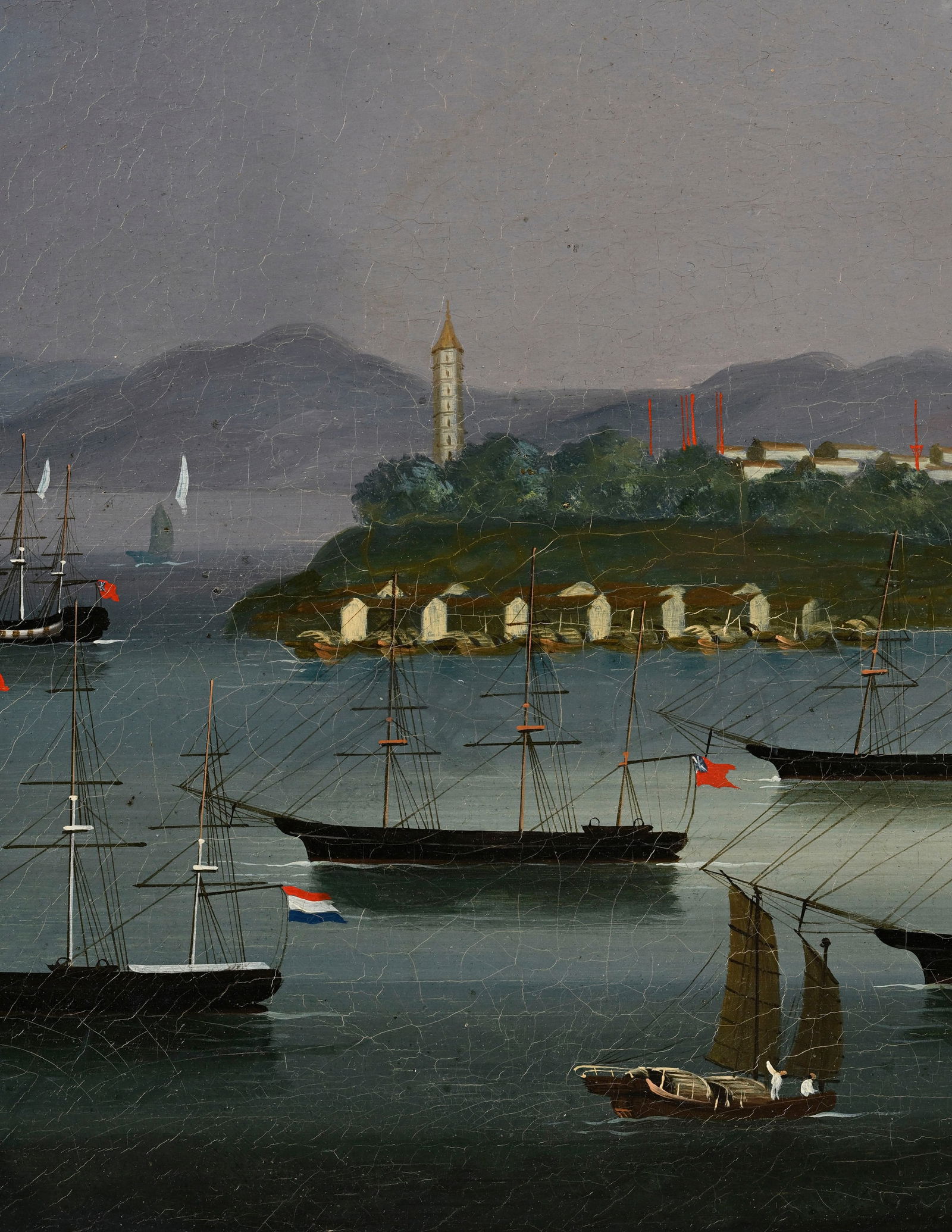 Ecole chinoise, vue de Whampoa avec diverses embarcations, huile sur toile, XIXe s., 42,5x76,5 cm (p - 4