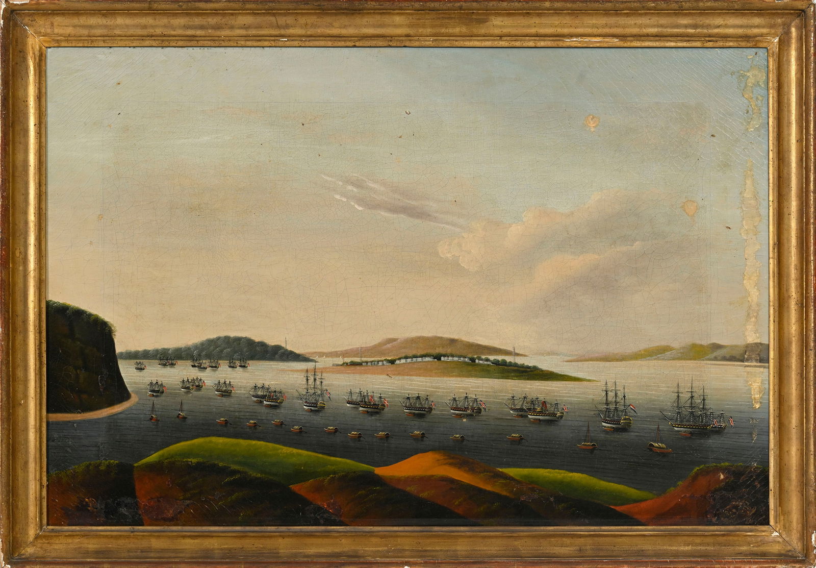 Ecole chinoise, vue de Whampoa avec diverses embarcations, huile sur toile, XIXe s., 57,5x87,5 cm (p: Ecole chinoise, vue de Whampoa avec diverses embarcations, huile sur toile, XIXe s., 57,5x87,5 cm (peinture, à vue) (dégâts, manques et restaurations) Chinese school, view of Whampoa,