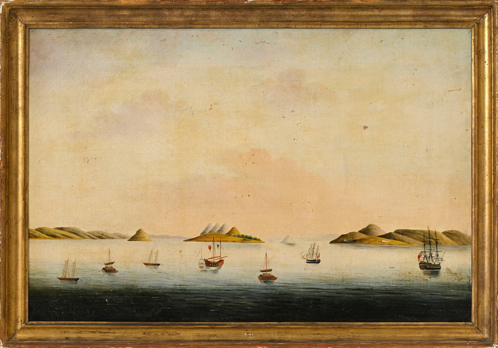 Ecole chinoise, vue de la rivière des Perles à Whampoa avec diverses embarcations, huile s: Ecole chinoise, vue de la rivière des Perles à Whampoa avec diverses embarcations, huile sur toile, XIXe s., 57,5x87,5 cm (peinture, à vue) (dégâts, manques et