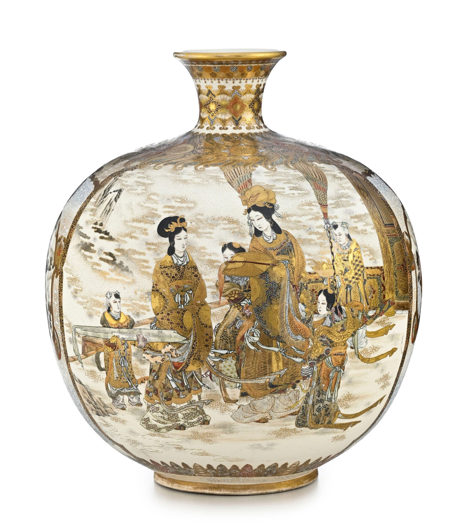 Grand vase globulaire en grès de Satsuma, Japon, époque Meiji, décor de personnages e: Grand vase globulaire en grès de Satsuma, Japon, époque Meiji, décor de personnages et fleurs dans des cartouches sur fond de motifs géométriques et fleurs, signé 東