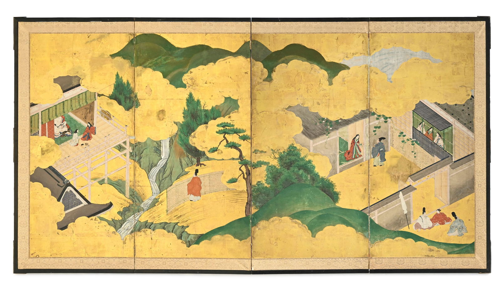 Yonkyoku byôbu (paravent à quatre feuilles) sur papier, Japon, époque Edo, décor: Yonkyoku byôbu (paravent à quatre feuilles) sur papier, Japon, époque Edo, décor de scènes narratives de la vie de cour aristocratique, animées de personnages parmi