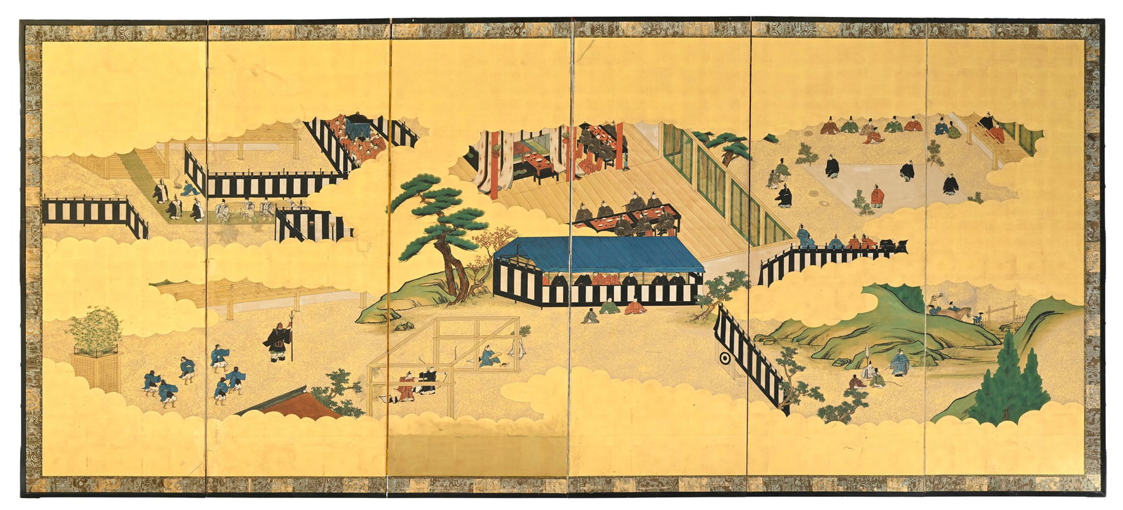 Rokkyoku byôbu (paravent à six feuilles) sur papier, Japon, époque Edo, décor de: Rokkyoku byôbu (paravent à six feuilles) sur papier, Japon, époque Edo, décor de scènes de divertissements aristocratiques à la cour, associant activités (kemari,