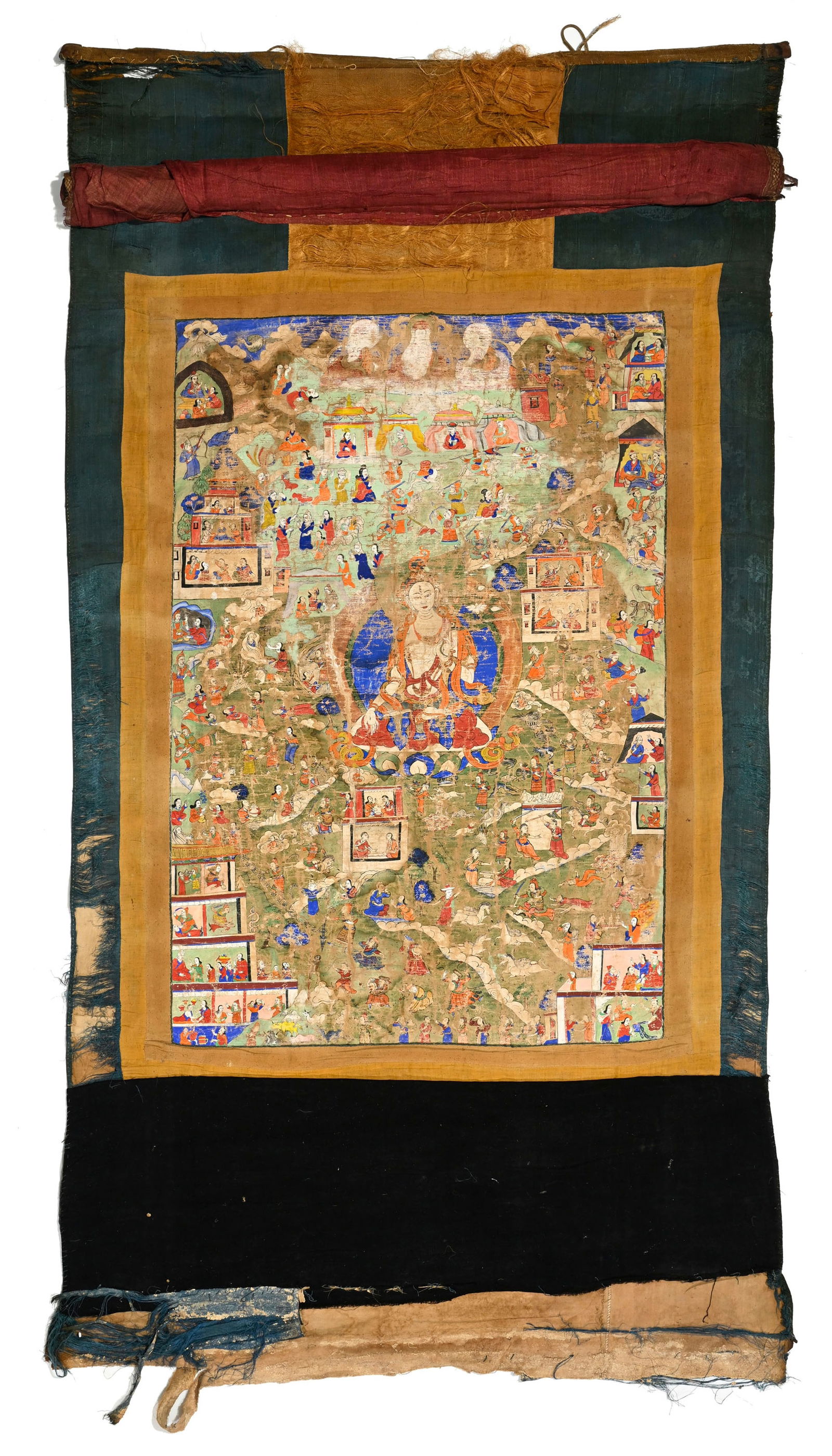 Thangka de Tara blanche, Tibet, probablement XIXe s., la divinité assise sur un piédestal : Thangka de Tara blanche, Tibet, probablement XIXe s., la divinité assise sur un piédestal lotiforme, tenant une branche de lotus, devant des mandorles, entourée de scènes