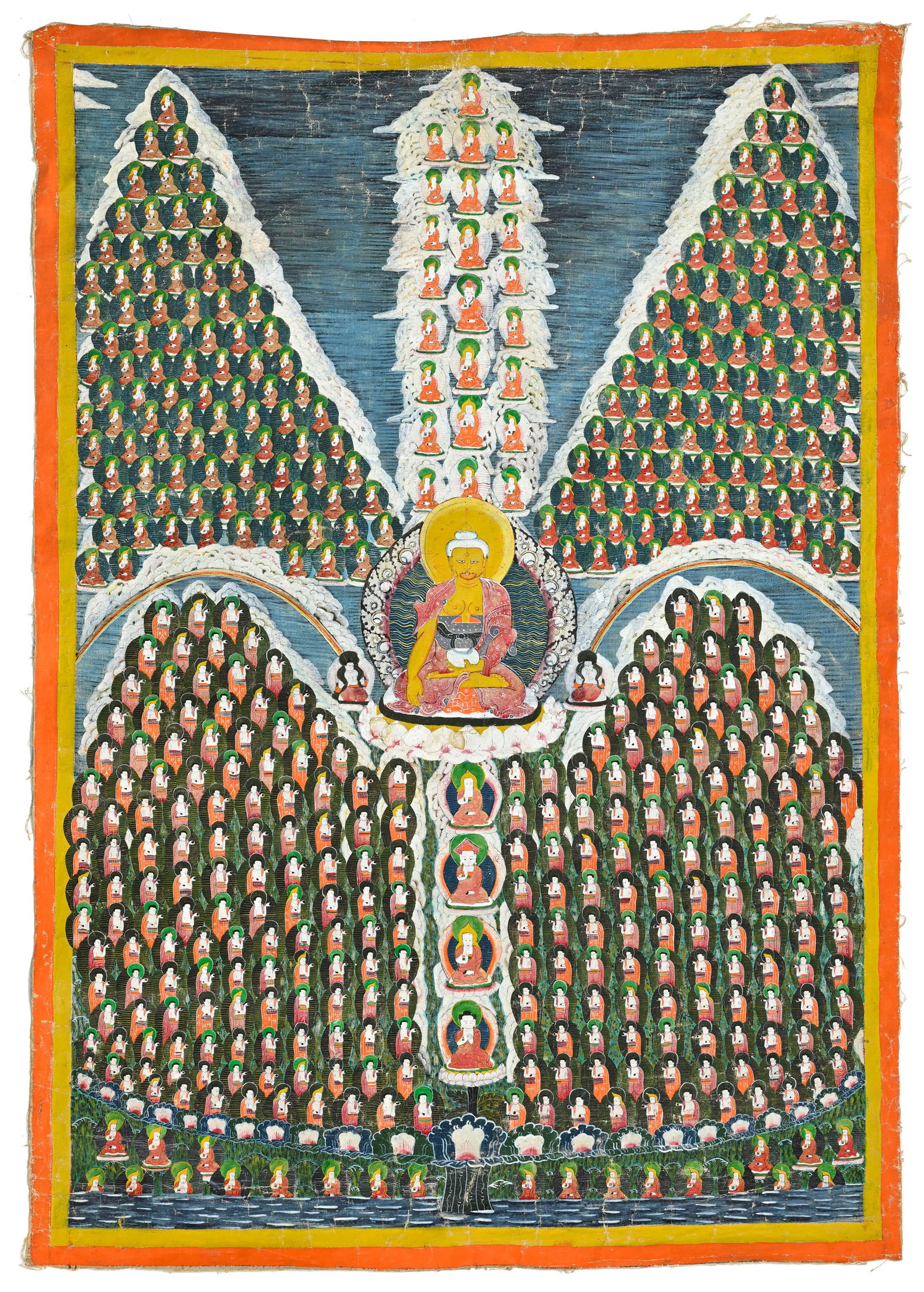 Thangka du "champ d'accumulation des mérites" des Gelugpa, Tibet, XIX-XXe s., Shakyamuni repr&#: Thangka du "champ d'accumulation des mérites" des Gelugpa, Tibet, XIX-XXe s., Shakyamuni représenté au centre, tenant un bol à aumônes, entourée de la lignée