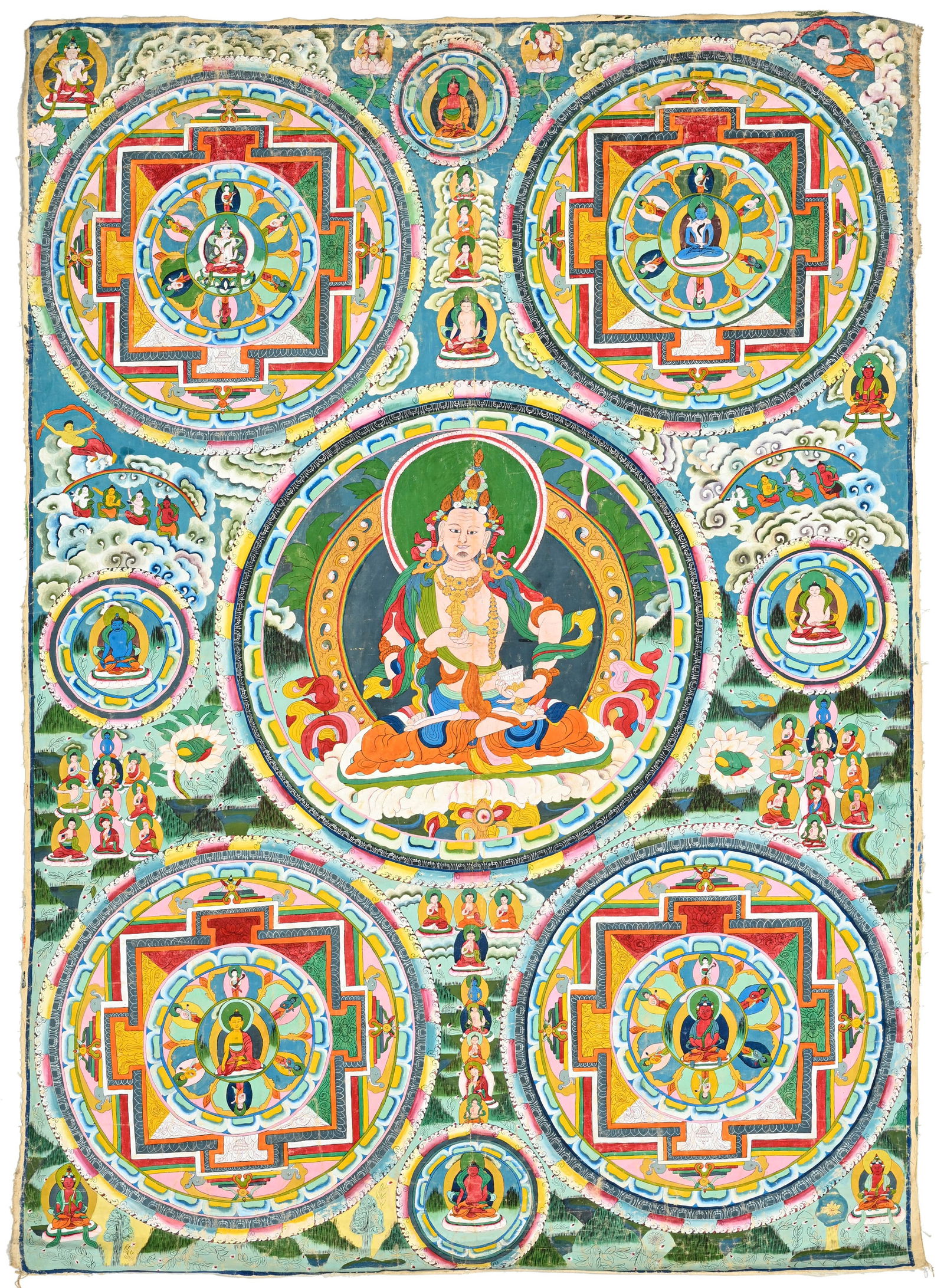 Thangka mandala de Vajrasattva, Tibet, XXe s., assis sur un piédestal lotiforme, tenant un vajr (1 of 3)