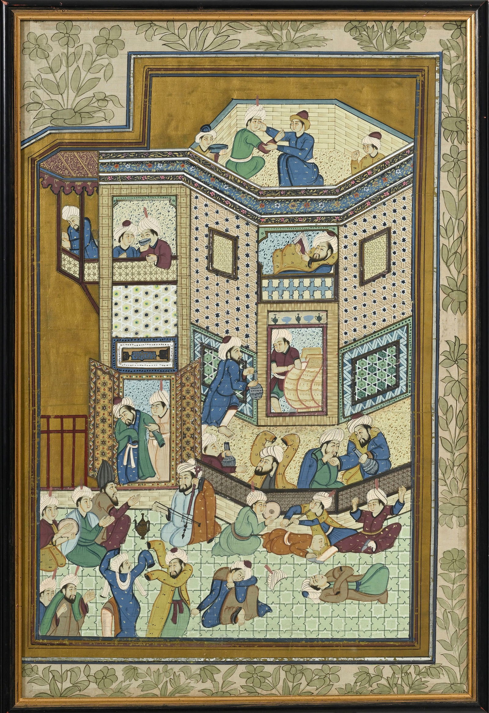 Scène de taverne illustrant probablement un poème du Diwân de Hafez, peinture sur toi: Scène de taverne illustrant probablement un poème du Diwân de Hafez, peinture sur toile, Inde de style persan, seconde moitié du XIXe-première moitié du XXe s., 74,5x49 c