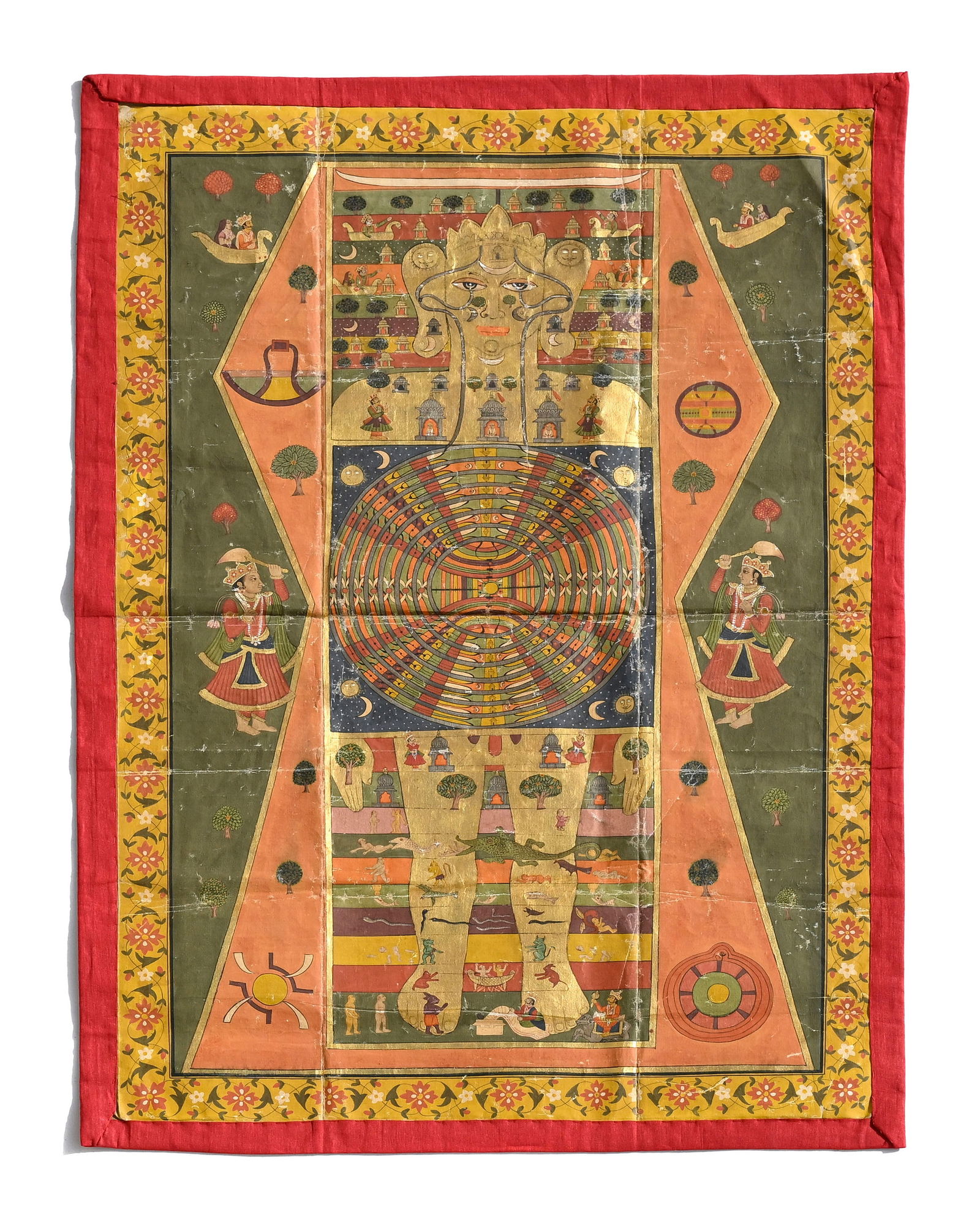 Lokapurusha (homme cosmique jaïn), peinture sur toile montée sur tissu, Inde du nord, prob: Lokapurusha (homme cosmique jaïn), peinture sur toile montée sur tissu, Inde du nord, probablement Rajasthan, XXe s., 95x66 cm Lokapurusha (Jain cosmic man), painting on canvas mounted on