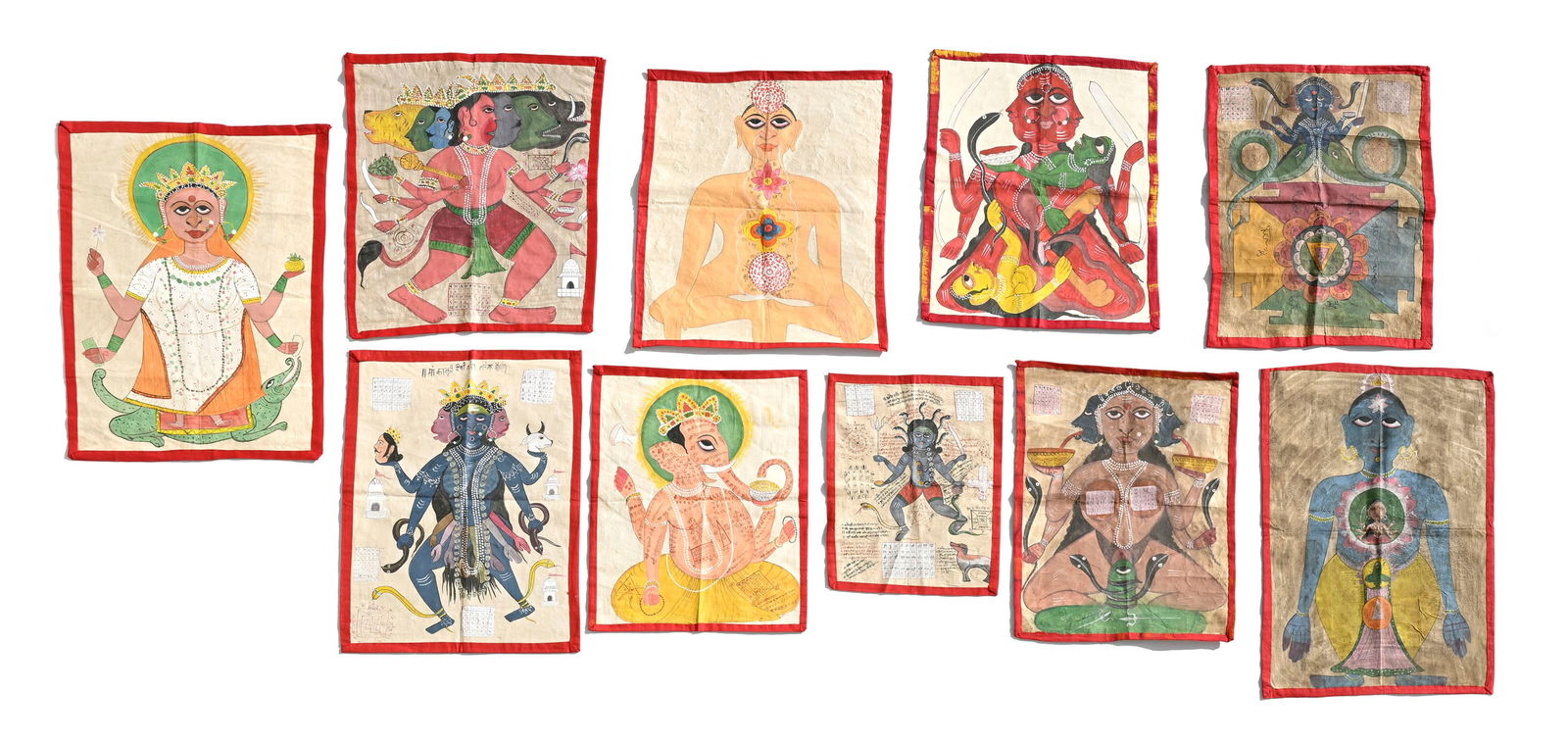 Farooq, ensemble de 10 peintures sur toile montées sur tissu, Inde du nord, fin du XXe s., comp: Farooq, ensemble de 10 peintures sur toile montées sur tissu, Inde du nord, fin du XXe s., composé de: 1 représentation de Uchchhishta Ganapati (incarnation tantrique de Ganesh),