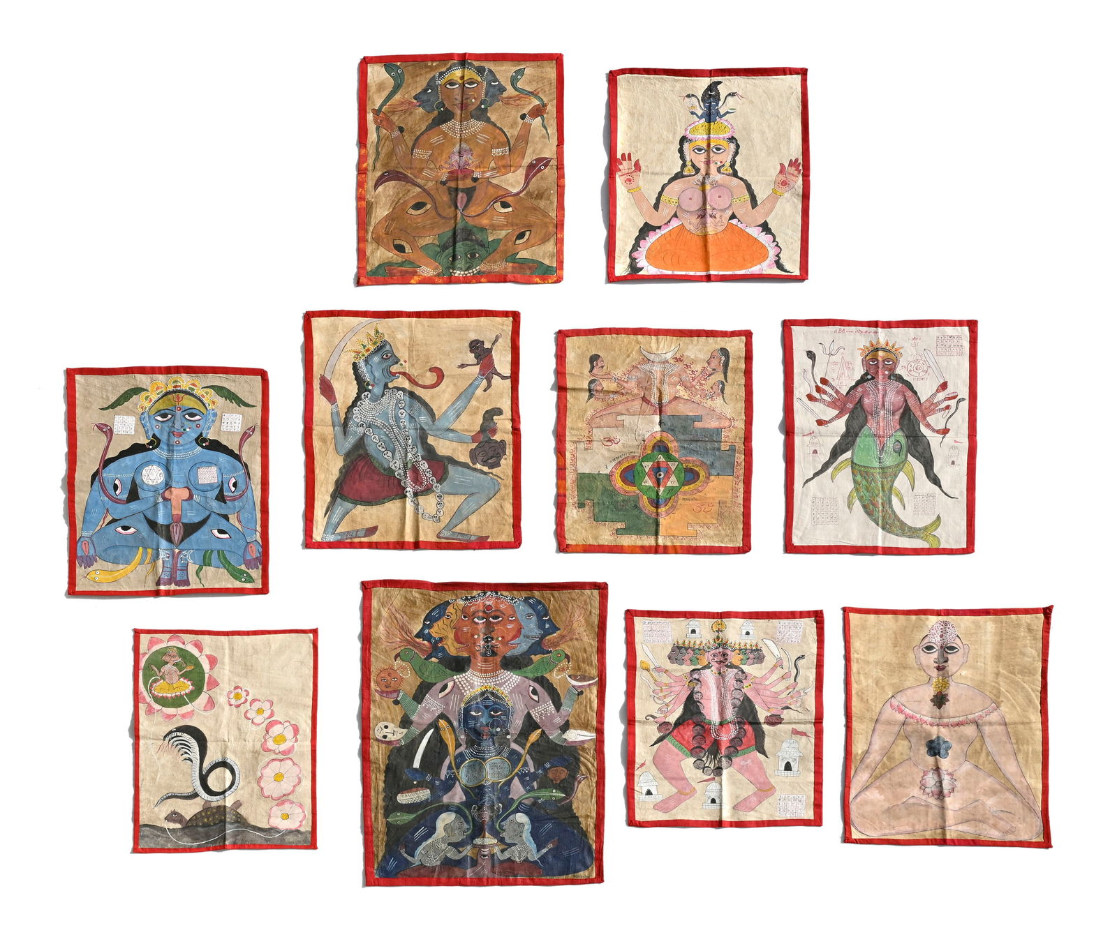 Farooq, ensemble de 10 peintures sur toile montées sur tissu, Inde du nord, fin du XXe s., comp: Farooq, ensemble de 10 peintures sur toile montées sur tissu, Inde du nord, fin du XXe s., composé de: 1 représentation du roi Ravana, 69,5x54,5 cm, 1 représentation tantrique de