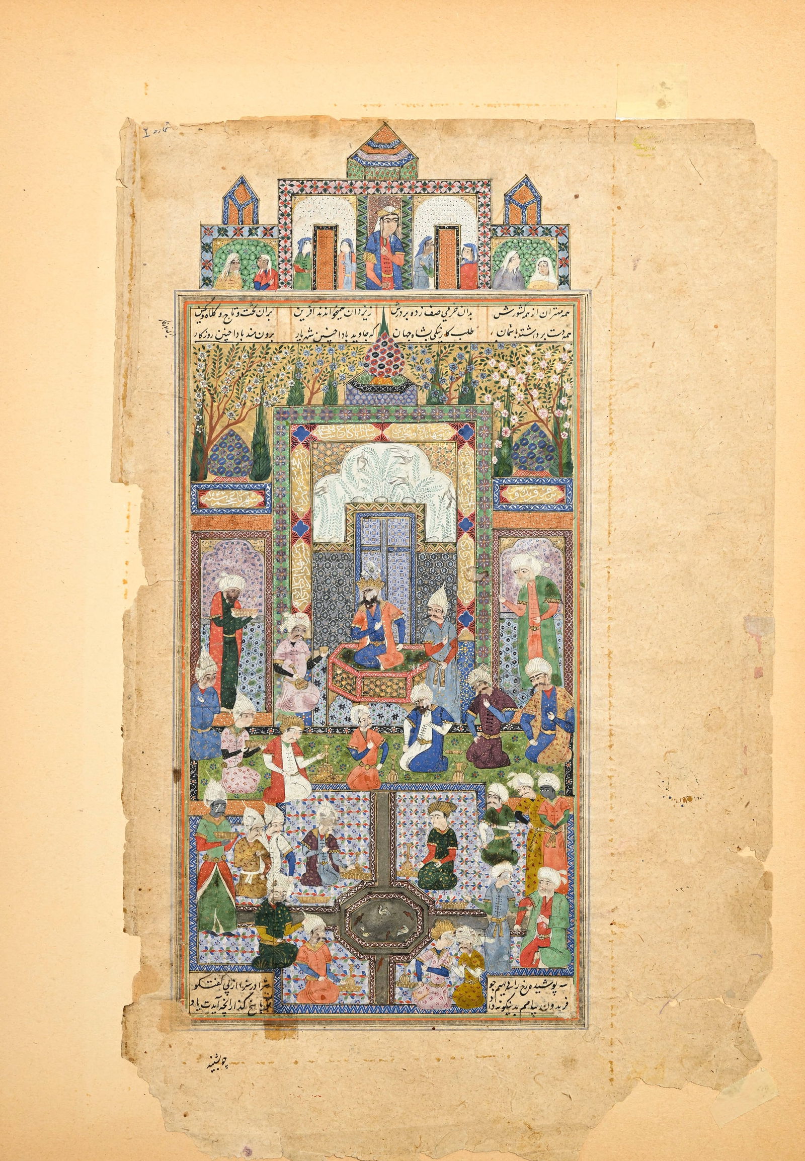 Scène de fête (bazm) dans le jardin d'un palais, pigments et encre sur papier, Perse, : Scène de fête (bazm) dans le jardin d'un palais, pigments et encre sur papier, Perse, époque Qajar (1794-1925), 37,5x23,5 cm Provenance: collection Pahlavi, resté dans la famille j