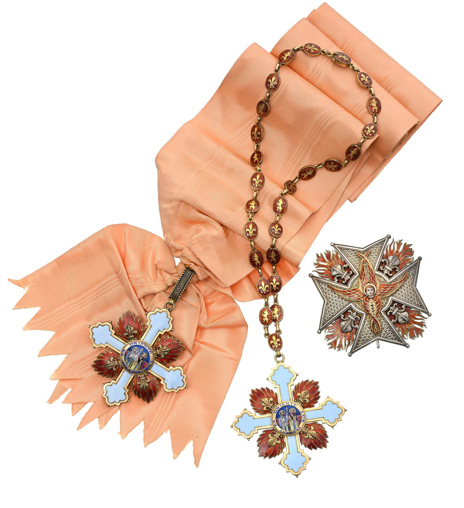 Royaume de Bulgarie, Ordre des Saints Apôtres Cyrille-et-Méthode, créé en 1909, : Royaume de Bulgarie, Ordre des Saints Apôtres Cyrille-et-Méthode, créé en 1909, aboli en en 1946, ensemble de Chevalier (grade unique), se compose : d'1 plaque en argent, vermeil