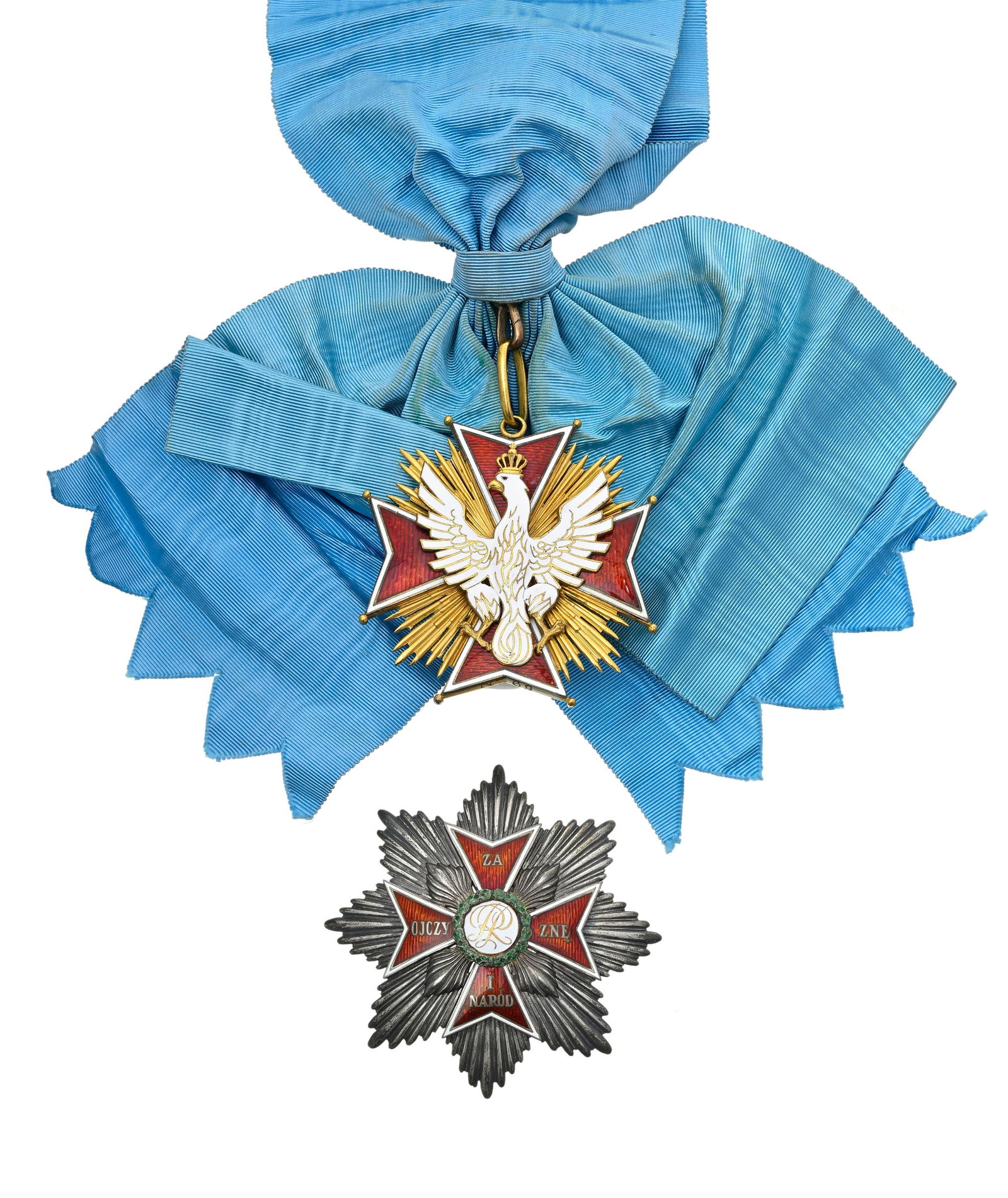 Pologne, Ordre de l'Aigle Blanc, créé en 1705, restauré en 1921, ensemble de Grand-Cr: Pologne, Ordre de l'Aigle Blanc, créé en 1705, restauré en 1921, ensemble de Grand-Croix, plaque en argent et émail, diam. 7,9 cm, croix en vermeil et émail, diam. 7,7 cm.