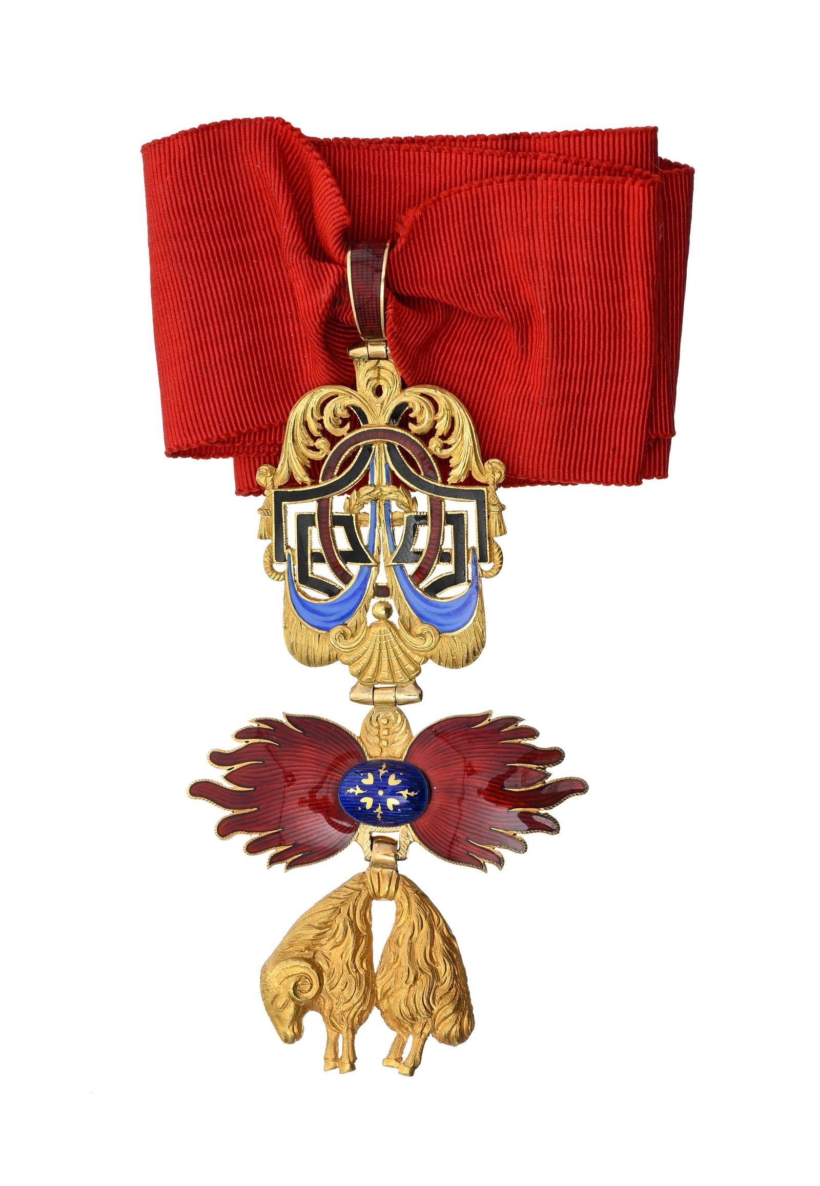 Royaume d'Espagne, Ordre de la Toison d'Or, fondé à Bruges en 1430 par le duc de Bourgogne: Royaume d'Espagne, Ordre de la Toison d'Or, fondé à Bruges en 1430 par le duc de Bourgogne Philippe le Bon, bijou de Chevalier, en or et émail, dépouille du bélier suspendue