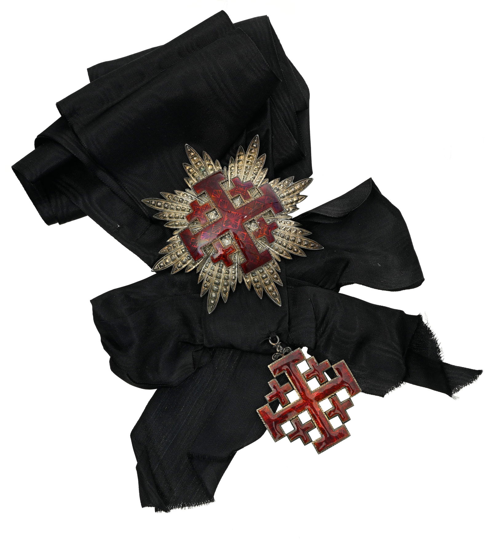 Vatican, Ordre Equestre du Saint-Sépulcre de Jérusalem, recréé en 1847, ensemble: Vatican, Ordre Equestre du Saint-Sépulcre de Jérusalem, recréé en 1847, ensemble de Grand-Croix. Bijou en vermeil et émail, sans trophée, cousu à l'écharpe,