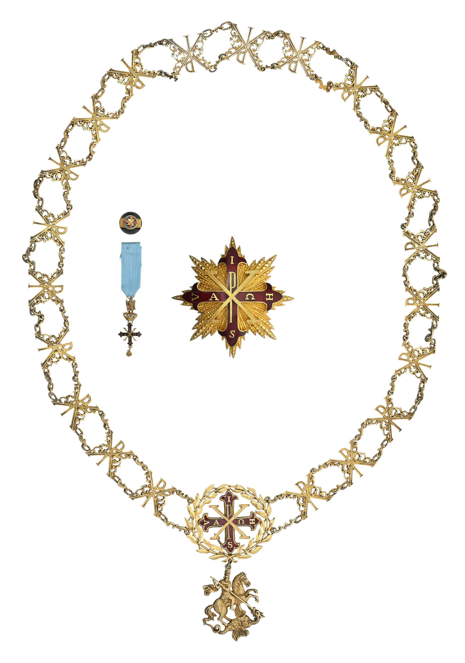 Italie, Royaume des Deux-Siciles, Ordre Constantinien de Saint-Georges, ensemble de Bailli Chevalier: Italie, Royaume des Deux-Siciles, Ordre Constantinien de Saint-Georges, ensemble de Bailli Chevalier Grand-Croix de Justice, collier et plaque en vermeil et émail, avec réduction et boutonni