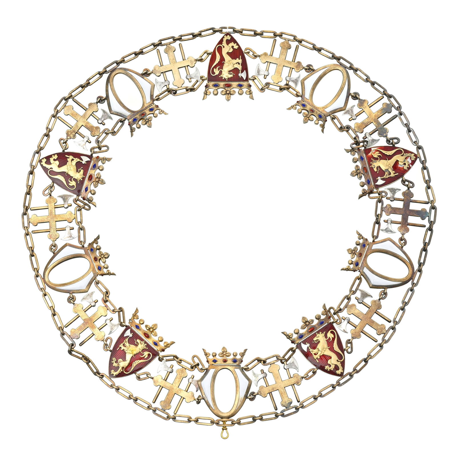 Royaume de Norvège, Ordre de Saint-Olaf, fondé en 1847, collier de l'ordre en vermeil, arg: Royaume de Norvège, Ordre de Saint-Olaf, fondé en 1847, collier de l'ordre en vermeil, argent, et émail, se compose de 10 maillons alternant O couronnés, blasons de la royauté