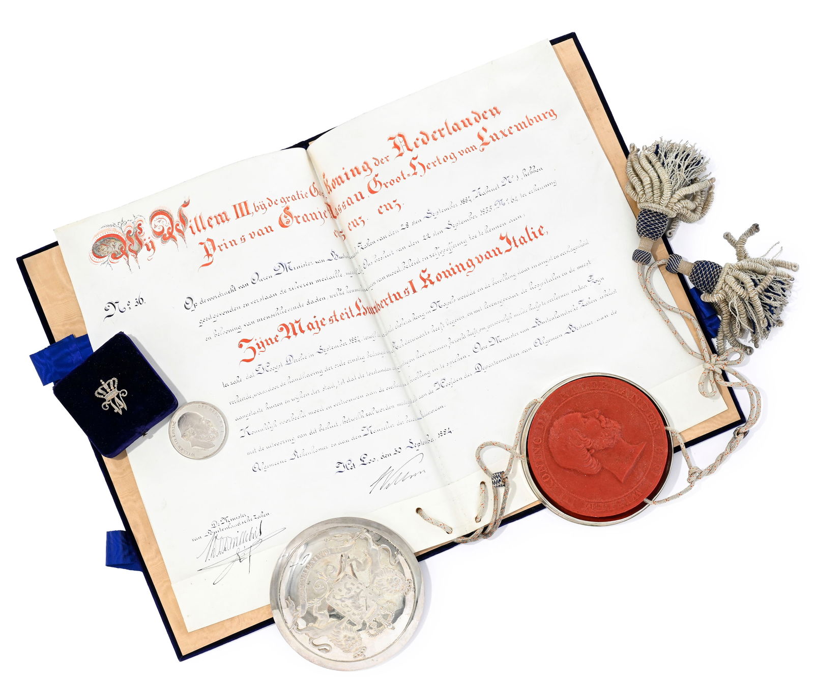 Royaume des Pays-Bas, Médaille d'honneur pour assistance humanitaire (Erepennig voor Menslieven: Royaume des Pays-Bas, Médaille d'honneur pour assistance humanitaire (Erepennig voor Menslievend Hulpbetoon), créée en 1822, ensemble décerné au roi Humbert Ier en 1884 pour