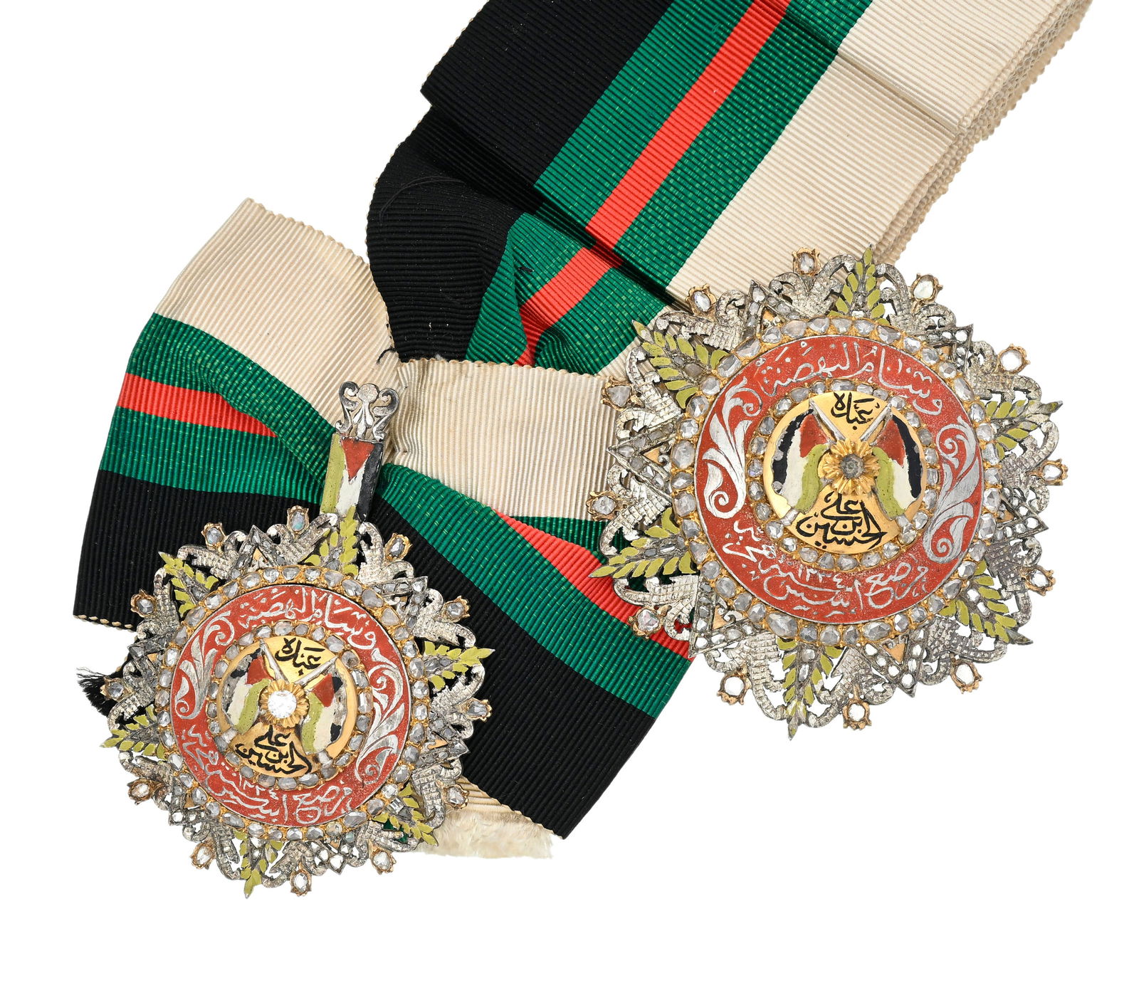 Transjordanie/Jordanie_, Ordre de la Renaissance_, créé en 1917 par Hussein ben Ali, ch: Transjordanie/Jordanie_, Ordre de la Renaissance_, créé en 1917 par Hussein ben Ali, chérif de La Mecque, ensemble de Grand Cordon avec brillants (classe spéciale), fabrication