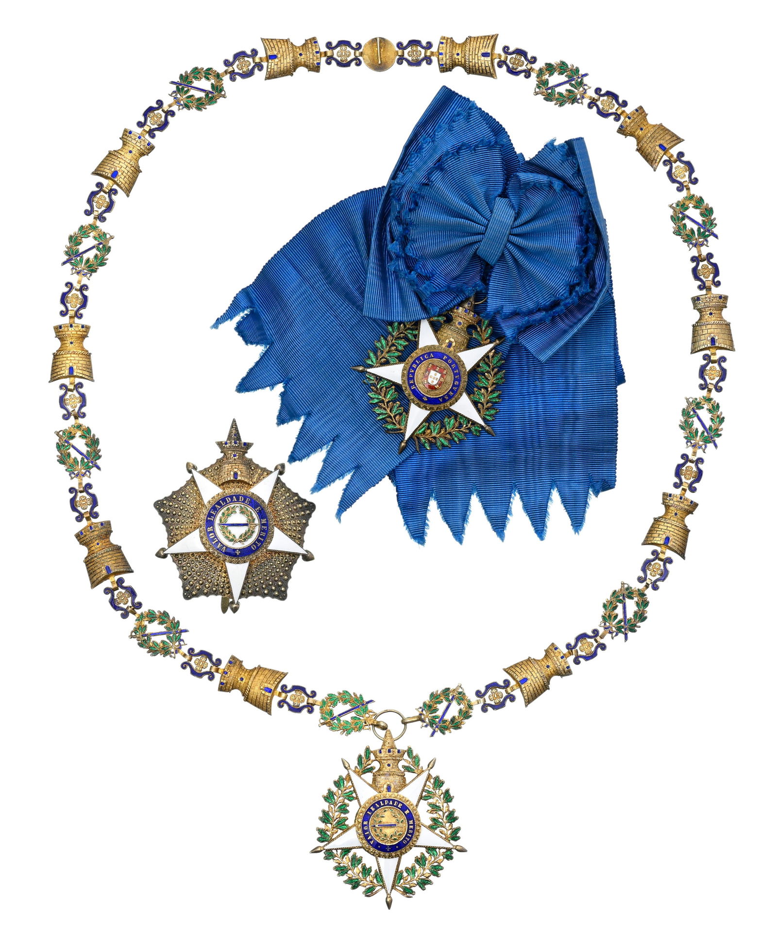 Portugal, Ordre de la Tour et de l'Épée, restauré en 1808, ensemble de Grand Collier : Portugal, Ordre de la Tour et de l'Épée, restauré en 1808, ensemble de Grand Collier du 2ème type du modèle républicain, par la maison Frederico Costa, collier,