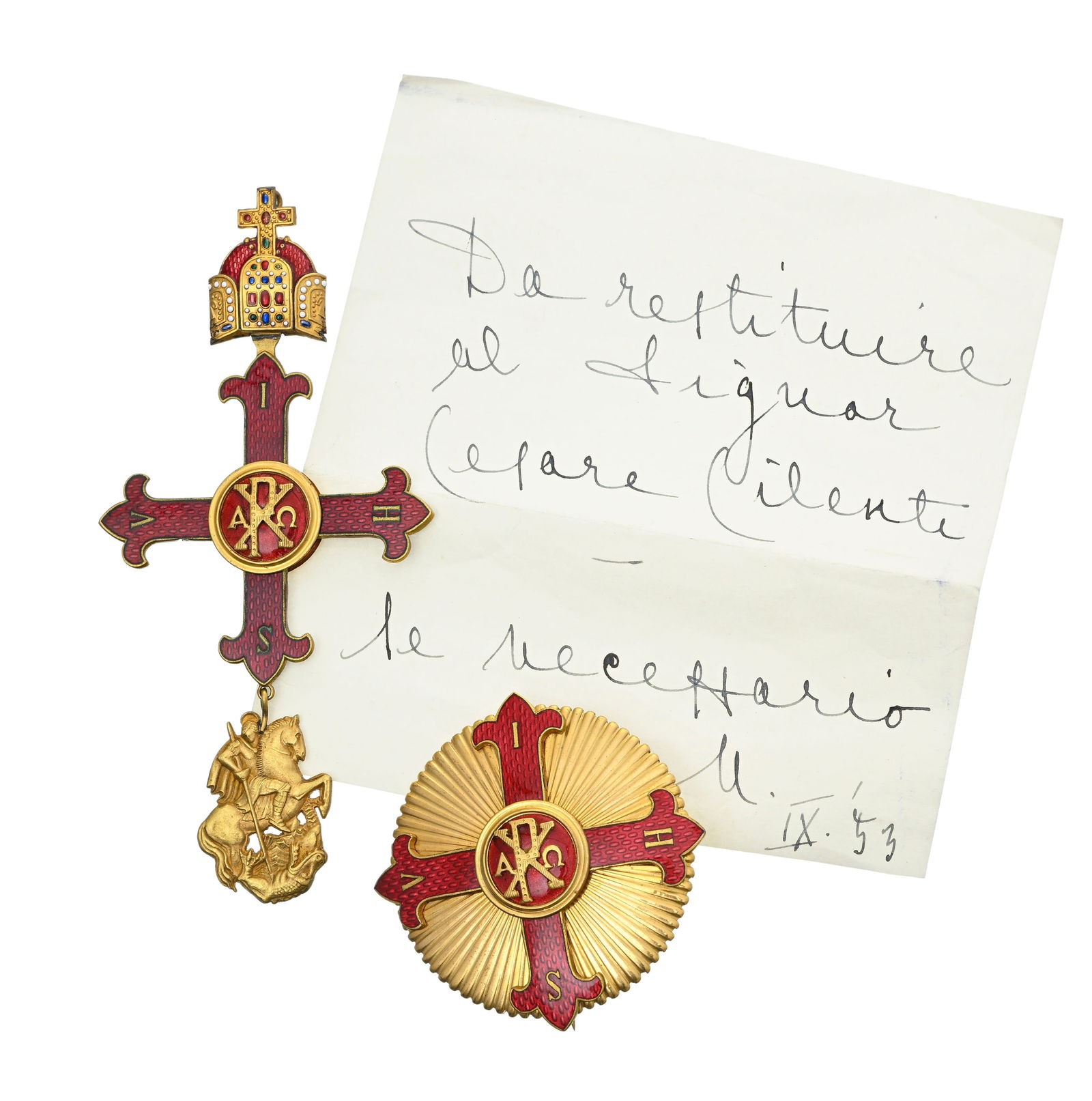 Ordre de fantaisie basé su l'Ordre Constantinien de Saint-Georges, ensemble de Grand-Croix en v: Ordre de fantaisie basé su l'Ordre Constantinien de Saint-Georges, ensemble de Grand-Croix en vermeil et émail, dans son écrin originel, h. croix : 14,5 cm, diam. plaque : 6,6 cm Avec